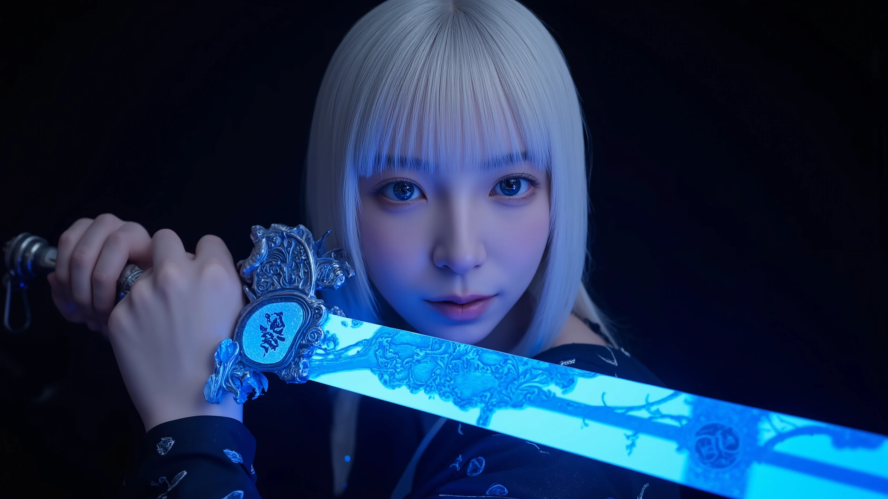 inspired by a photography style similar to Helle A blue glowing aura featuring a young, white-haired female warrior . It is necessary to shoot at。she wields a Lovecraft sword infused with cosmic energy , enhances the dramatic effect、facing overwhelming odds . the background is dark , Victorian setting, creates a spectacular atmosphere . The scene is bold , Impressive Hues , My Mann and Kelly McKernan . 女性戦士の宇宙の目enhances the dramatic effect、etched in an intricate design , 、in HDR, and the overall image must be taken in、must be cinematic quality with professional-level detail and action.