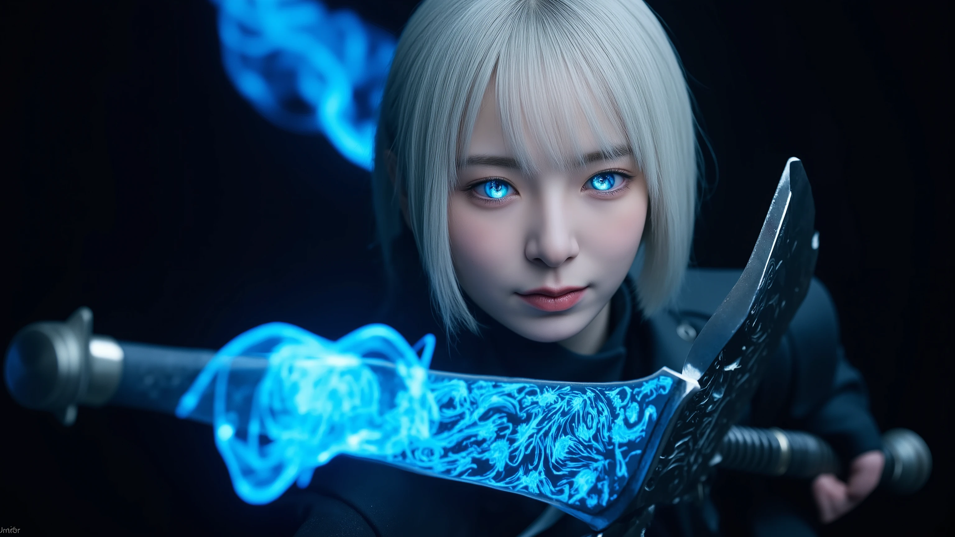 inspired by a photography style similar to Helle A blue glowing aura featuring a young, white-haired female warrior . It is necessary to shoot at。she wields a Lovecraft sword infused with cosmic energy , enhances the dramatic effect、facing overwhelming odds . the background is dark , Victorian setting, creates a spectacular atmosphere . The scene is bold , Impressive Hues , My Mann and Kelly McKernan . 女性戦士の宇宙の目enhances the dramatic effect、etched in an intricate design , 、in HDR, and the overall image must be taken in、must be cinematic quality with professional-level detail and action.