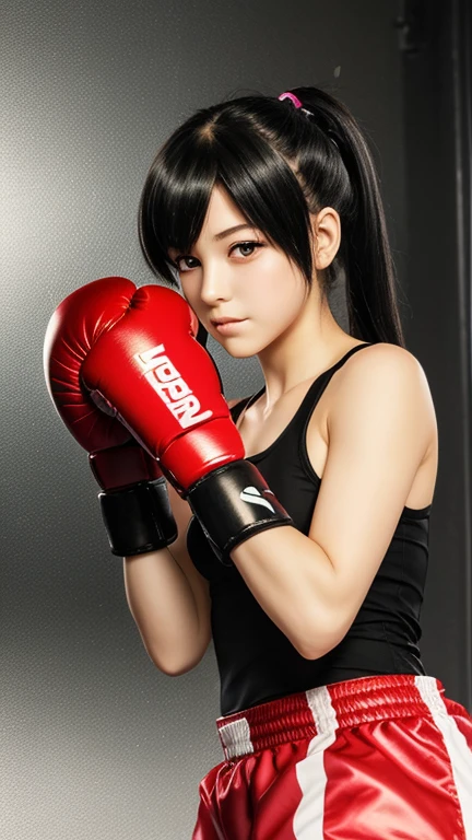 Tifa Lockhart, tight camouflage bodysuit, boxing gloves, very cheeky photogenic style, boxing training