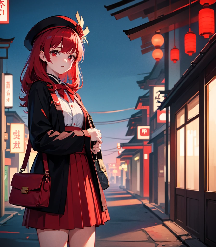 red hair red eyes solo cute mysterious Japan Japan idol skirt clear night red hair room object beret Taisho Romance beautiful Retro I have a bag cyberpunk near future