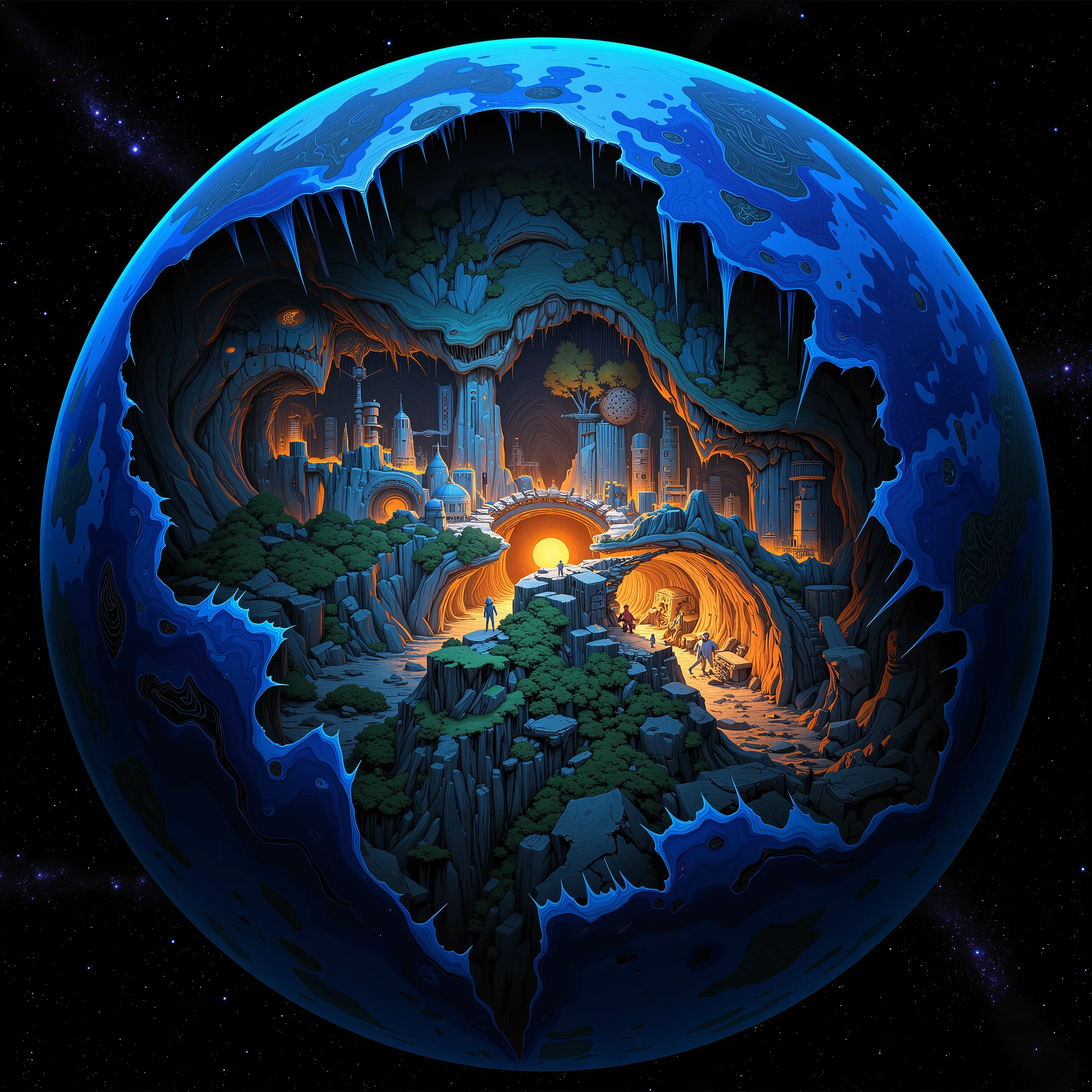 (perfect lighting), ((Best Quality)),( super high definition),(Super detailed),( detailed description ),((The best CG)),(masterpiece),(芸術作品),(地球の中心が空洞で地底文明がある,地球の断面図:2)