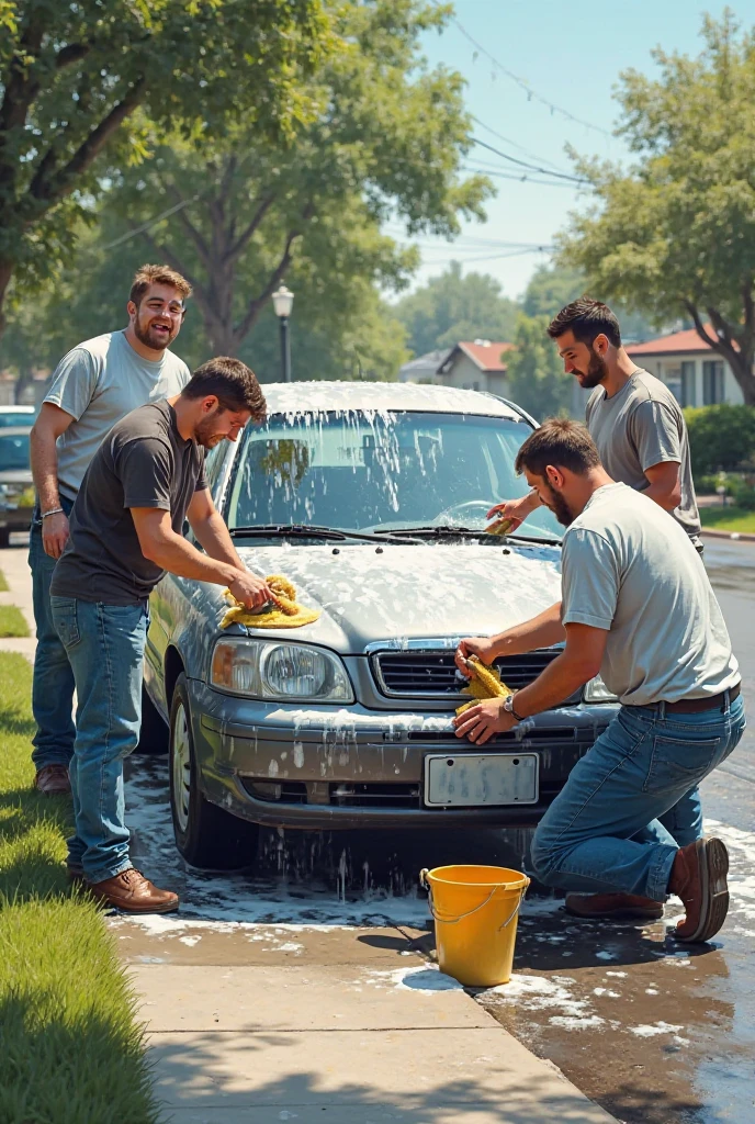 Soaking wey Frat bros wearing wet clothes wash each oyher at the car wash