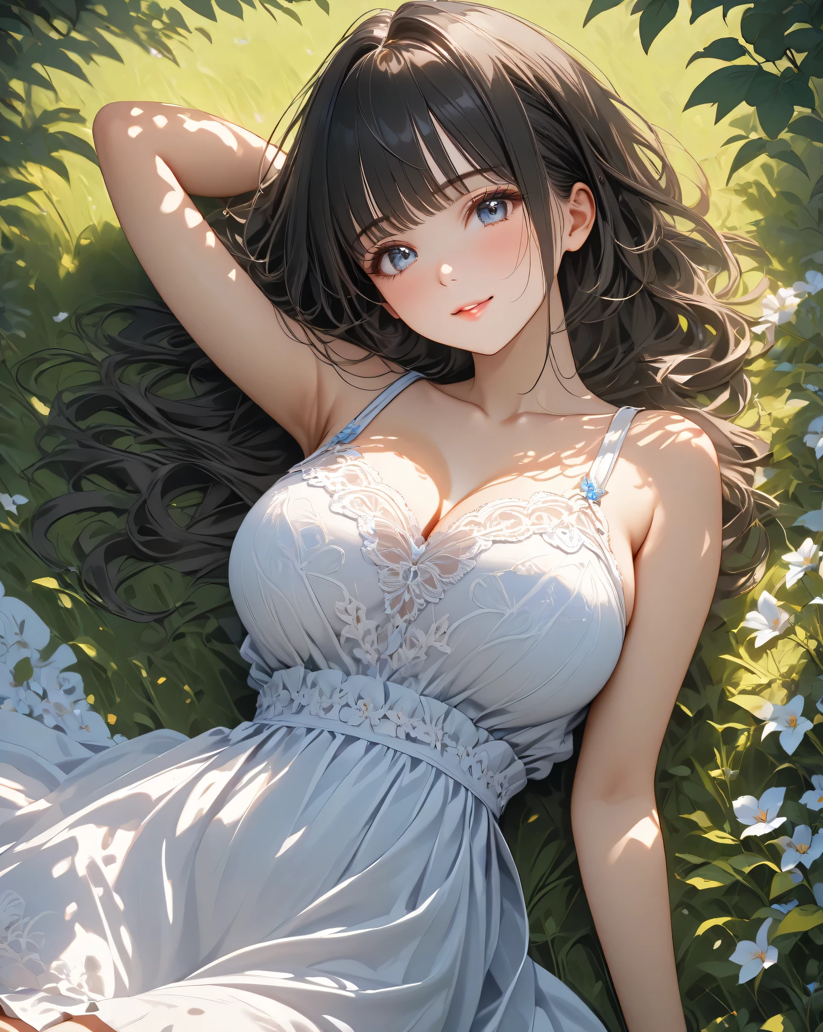 long dark hair / big tits / brown eye / lying on the grass . sexy pose . sunset