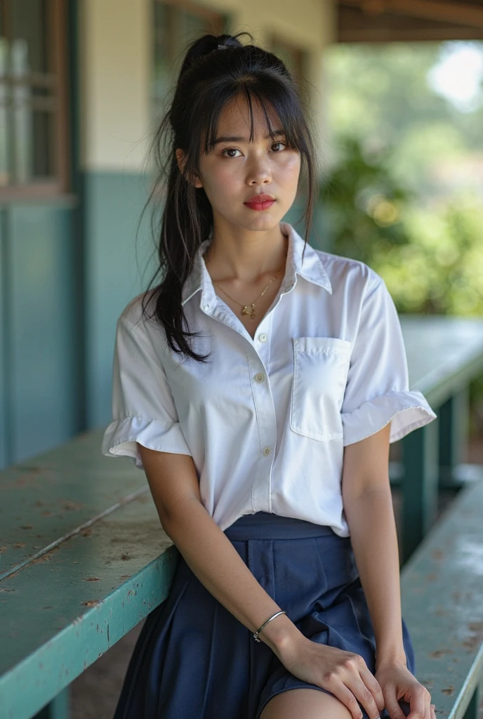 (((Ultra-HD-quality-details))) ,1girl, SLEEPY eyes, long hair, MESSY hair, cewe-sma, from fitting, white shirt, gray skirt, belt, looking at viewer, light MOAN, arms behind back, nature, hair ornament, HIGHRES, water