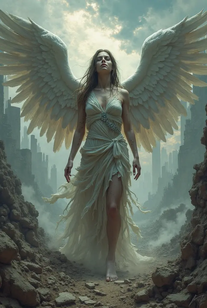 (front view:1. 2) of a black and graceful fallen female angel,finely detailed features,warmly lit from the front,hyper realistic, ultra detailed photograph of a woman, large white wings folded down, sad, intricate white dress, walk on decrepit street in fire, destroyed buildings, dark sky, active fires in background, volumetric fog, subsurface scattering, ambient occlusion, post apocalyptic, ruins of war, fire, smoke,