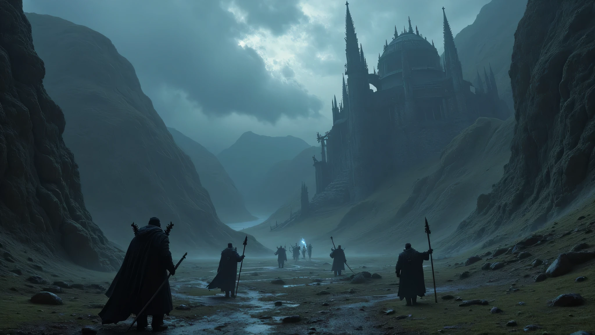Around: A dark and desolate landscape, with ancient ruins , rugged mountains and stormy skies.
creatures: Grotesque monsters and terrifying demons, along with armed and powerful heroes casting spells.
atmosphere: A sense of constant danger and despair, with Gothic and dark fantasy elements.
details: Include elements such as dimensional portals, magical artifacts and visual spell effects.