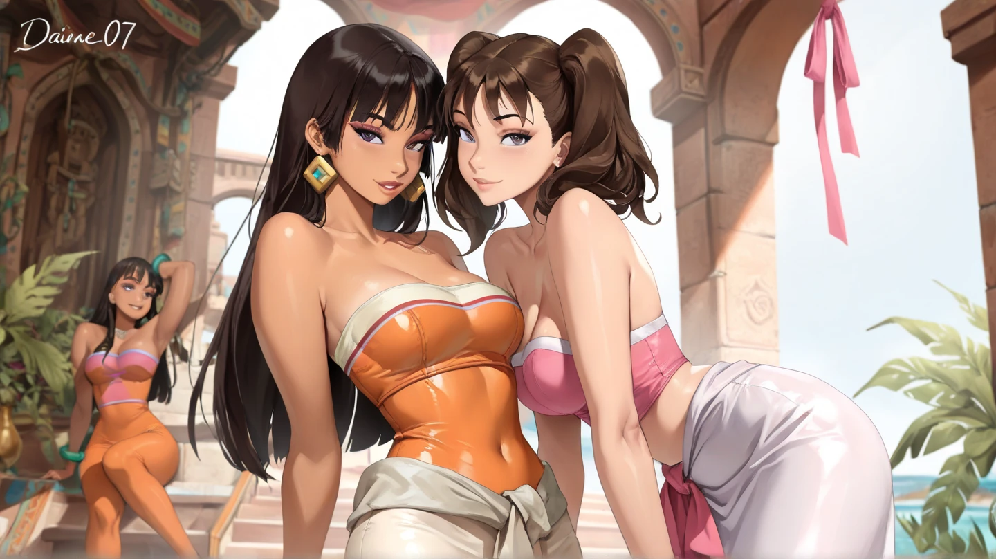 A stunning woman stands solo, hips slightly upturned, her detailed face radiating a sultry invitation. amber eyes shine like warm honey as she sports multi-colored hair with trendy bangs. A tattooed dragon wraps around her toned physique, visible beneath a fitted t-shirt that accentuates her chest. A delicate necklace glimmers against her skin as she confidently wears a sexy smile. Her mischievous gaze seems to say 'come closer', drawing the viewer's eye like a magnet. Framed by a soft, golden light, Makima's beauty is perfectly balanced and on full display, with the tip of the nipple showing through
