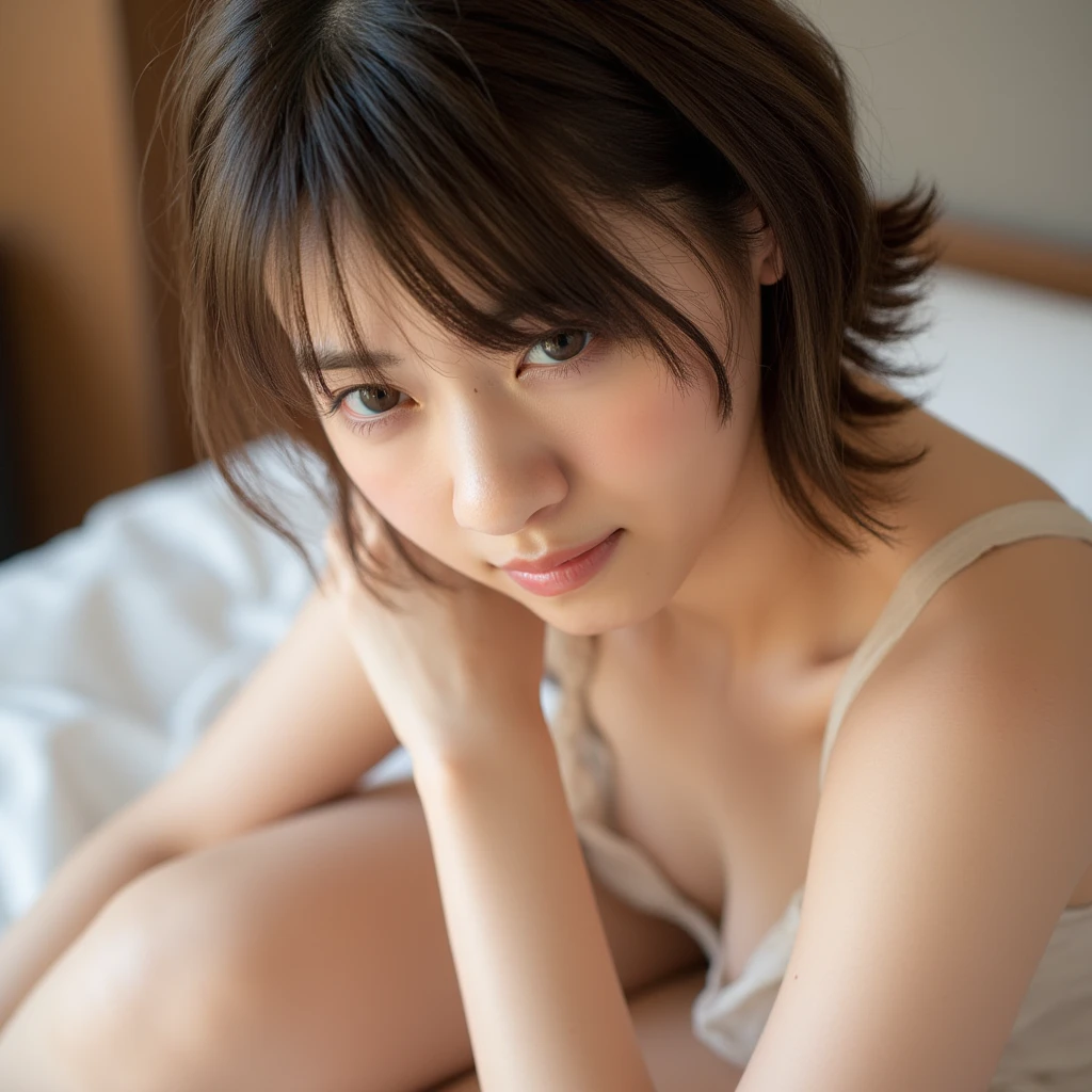Highest quality、8k、masterpiece、Ultra-high resolution、クリアなphotograph、リアルなphotograph、Realistic、Professional Lighting、photograph、(Very cute girl、beautiful girl)、smile、(Very short hair:1.6)、Brown Hair、Ultra slim、Slender body、Slender body、(Small breasts、Flat Chest:1.6)、Large erect nipples、Tight waist、(Please wear a white blouse、(Unbutton your blouse))、全身photographを撮る)、Bedroom with morning sun streaming in、(Sit on the bed:1.6、White sheets、(Peeking into cleavage、Her cleavage is visible)、Warm lighting)、(真上からphotograph)
