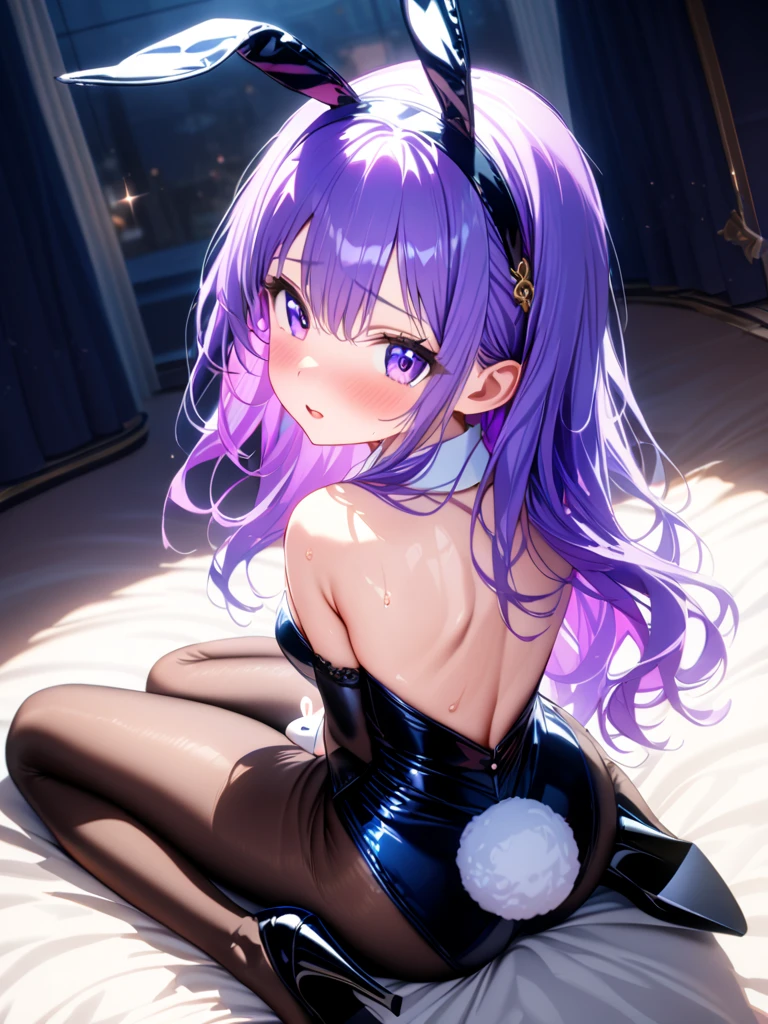 Ai Hoshino, Long hair, Purple hair, Striped hair ,Purple eyes, Star-shaped pupils, 1girll, full bodyesbian,Solo, Purple eye,Star eyes,Sparkling eyes,Shining eyes,Star-shaped pupils,Detailed eyes, white thighhighs, Purple colored hair,Blowing hair, looking a viewer, Breasts, full bodyesbian, Large breasts,Ray tracing, Vibrant colors, Girl, Masterpiece, Sharp focus, Best quality, Depth of field, Cinematic lighting, detailed outfits, Perfect eyes, Rich in detail and texture, Bunny Girl, Riman, Indoors, Smiling, Red hair, Colored inner hair, colored eyelashes, Long hair, Blue eyes, black sock, Smiling,