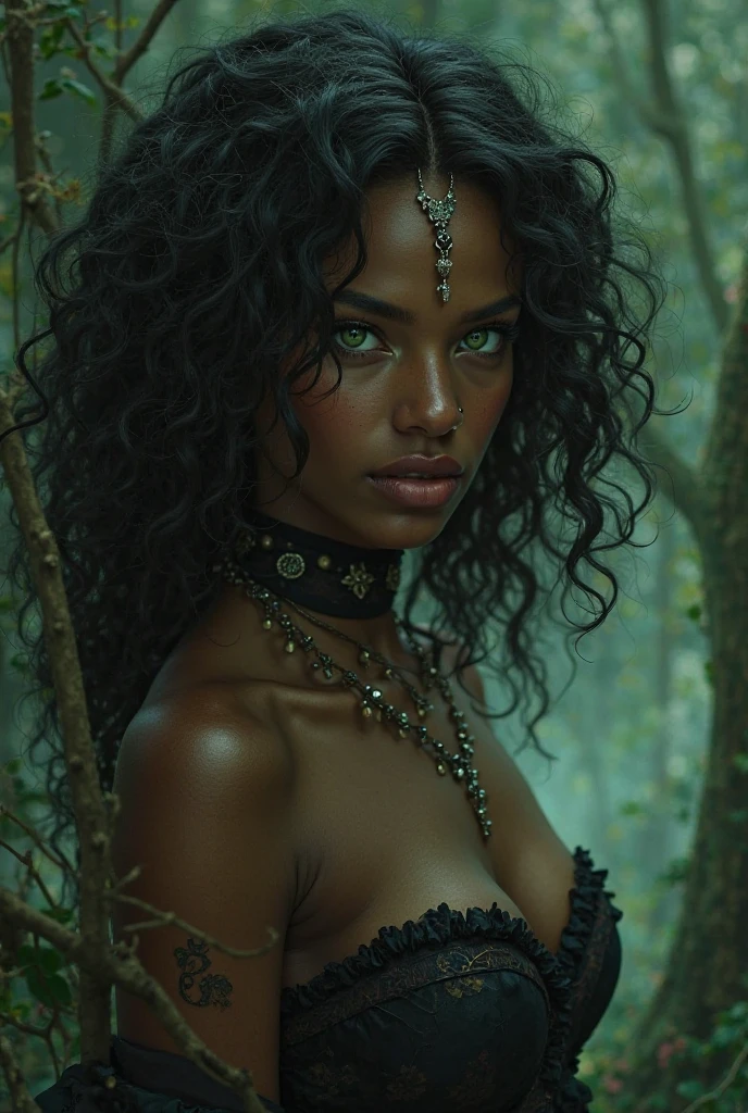 anthropomorphic woman unicornio in a corset and green hair ,anthropomorphic, (hocico alargado de unicornio ,(dark ebony skin:1.4), (cara de unicornio :1.4) ,ojos verdes hermosos,(fondo árboles bosque encantado hojas grandes :1.4), Loona (Helluva Boss) , commission for high res, oc commission, black and green, green mane, green and black, fullbody commission for, rendered in sfm, commission, immaculate shading, (Loona Helluva Boss:1.4), (iluminación cinematográfica :1.4), ,(Fondo de ruinas de mazmorra en ruinas:1.4 ), high quality, (RAW photo, best quality), (realistic, photorealistic: 1.4), (extremely delicate and beautiful: 1.4), amazing, fine details, masterpiece, ultra detailed, high resolution, best illustration, best shadow, intricate, ( extremely intricate: 1.2), (exquisitely detailed skin), cinematic light, perfect anatomy, (cool color: 1.4), sharp focus, 8k UHD, DSLR, (Fujifilm XT3),(fondo bosque tenebroso plantas silvestres :1.4),( anthropomorphic:1.4), Epic Fantasy Art Style HD, 4K fantasy art, epic fantasy digital art style, epic fantasy art style, Fantasy Woman, epic fantasy art portrait, Epic fantasy style, hyperrealistic fantasy art, hd fantasy art, Epic fantasy character art, epic fantasy art, in style of dark fantasy art, epic fantasy digital art, (dark ebony skin:1.4), (estilo encaje lingerie BodySuit white :1.4),( pose medio cuerpo :1.4) 