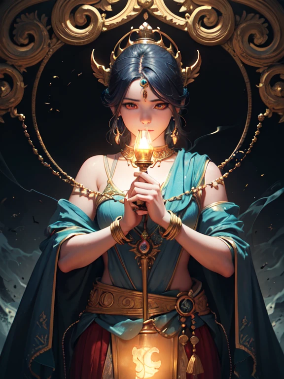 portrait of a primal sorceress, (undercut:1.3, short black ponytail), [masculine:feminine:0.6], bright eyes, white eyes, [confident|bored], red eyeshadow, lipstick, flat chest, blue criss-cross halter, (mandala henna arm tattoo:1.1), gold circlet, long red layered skirt, belt pouch, casting spell, crackling electricity, lightning, storming background