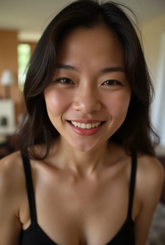 Lucy Liu taking a selfie and naked photo with a smile