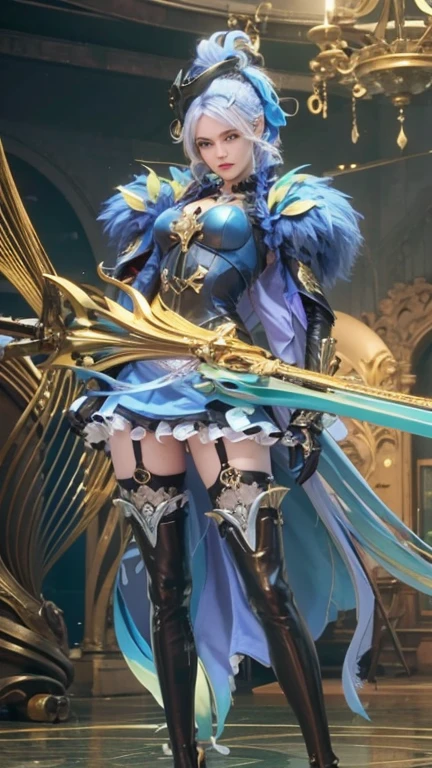 (bg3),
<lora:eula2-000009:0.8> euladef,blue hair, hair ornament, armored black leather thighhighs, black armored gloves, vision (genshin impact),
ornate shiny armor, metal white flower ornament,
weapon, skulls,planted sword,thigh,
golden vase, statue,decorated walls,
serious, agressive,deep intensive murderous glance,looking at viewer,
sitting on a golden ornate luxurious throne,  crossed legs,
indoors, inside rich fantasy castle, 
 banners, paintings (object),ornate marble pillars,
BREAK
(dark atmosphere:1.2),
view from below,dramatic pov,
(depth of field), sharp focus,(8k), (4k),(Masterpiece), (Best Quality),  intricate, detailed, 
 <lora:woafu_rpgstyle:0.8>