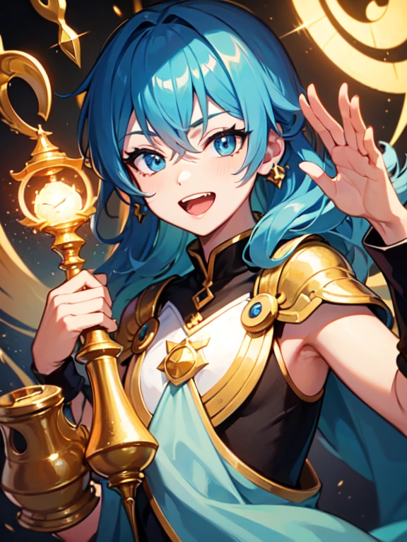 1 girl, upper body, single focus, whimsical charm, Genie-inspired appearance, magical grin, (magical lamp: 1.4), (cosmic whimsy: 1.3), azure features, fantastical aura, [depth of field, ambient lighting, swirling cosmos foreground, magical lamp background], Agrabah's Genie, cosmic wishes, swirling magic, (suspended in midair), (celestial stars: 1.2), intricate details, enhanced lighting.