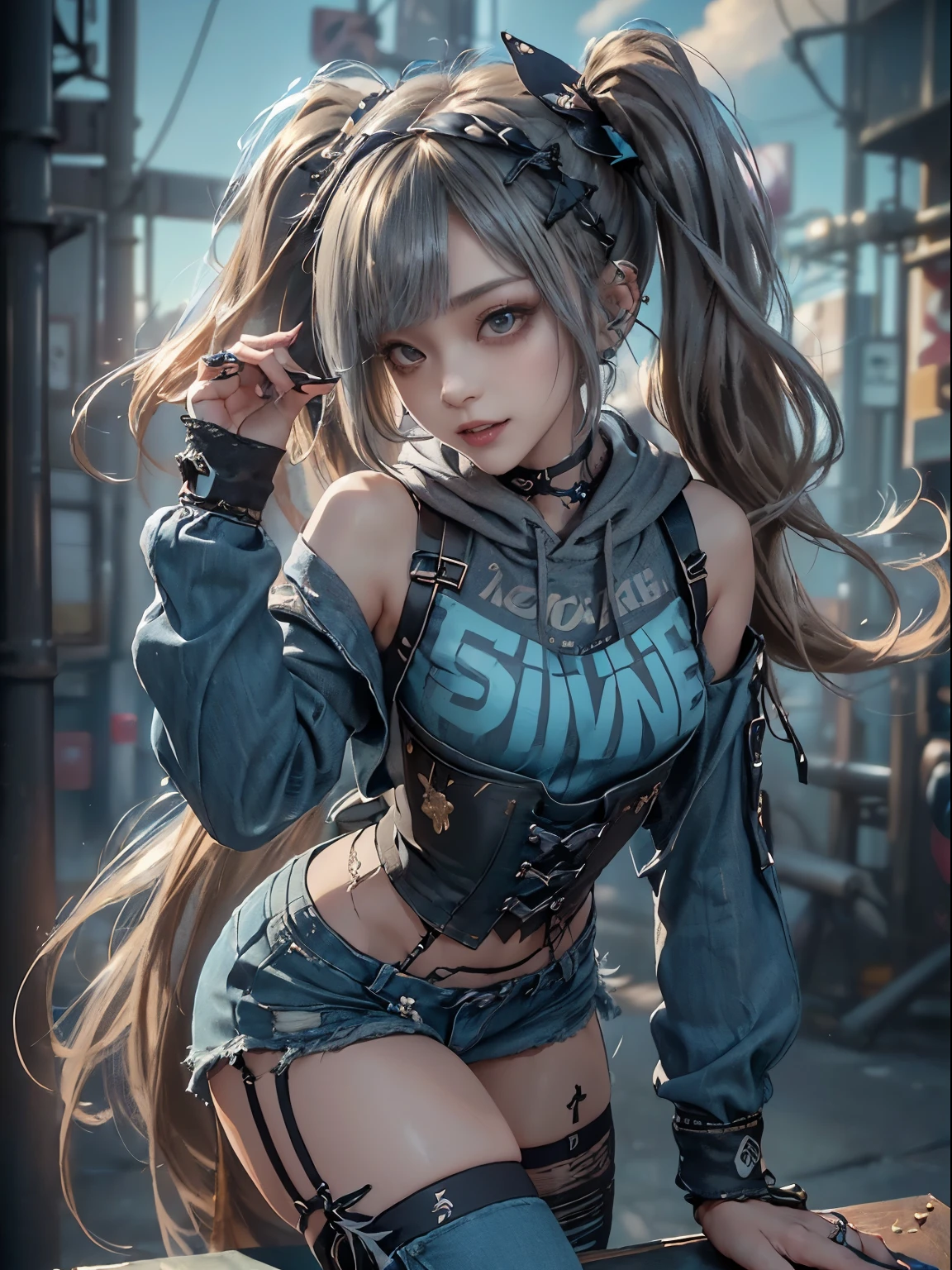 (full body view:1.2)、(Full body:1.1)、(shows his teeth and laughs:1.3),(Shibuya Gal:1.5)、(Slender Whores:1.5)、(Neo-goth fashion:1.5)、( punk rock visual:1.5)、(hoodie adorned with delicate accessories in denim and black and navy:1.5)、(Delicately designed corset in denim and navy color :1.4)、( Tattered Turquoise and Dark Grey Denim Bodysuit :1.5)、(headband:1.3)、(Denim and charcoal knee socks:1.4)、Embellished denim collar and long boots、(I am offering beautiful underwear decorated with silver accessories:1.4)、(long lashes:1.3)、(20 years old)、((top quality、8K、masterpiece:1.3))、1 Rim Abs Beauty:1.3、(hairstyle casual、beautiful with oil:1.1)、(acrobatic pose:1.3)、 dress:1.1、Super small face、Narrow eyes、double eyelids、with a grinning smile、Full Body Ethnic、dynamic angles、close-up、CPL Filter、blurry background、Bokeh、blue hour、Detailed face and skin texture、detailed eyes、,(twin tails:1.3)、(Brown-golden hair:1.3)、gravure idol、(background is a glamorous fashion show stage:1.3)、(Make your legs thinner:1.4)、(Slim body:1.3)、(clavicle:1.1)