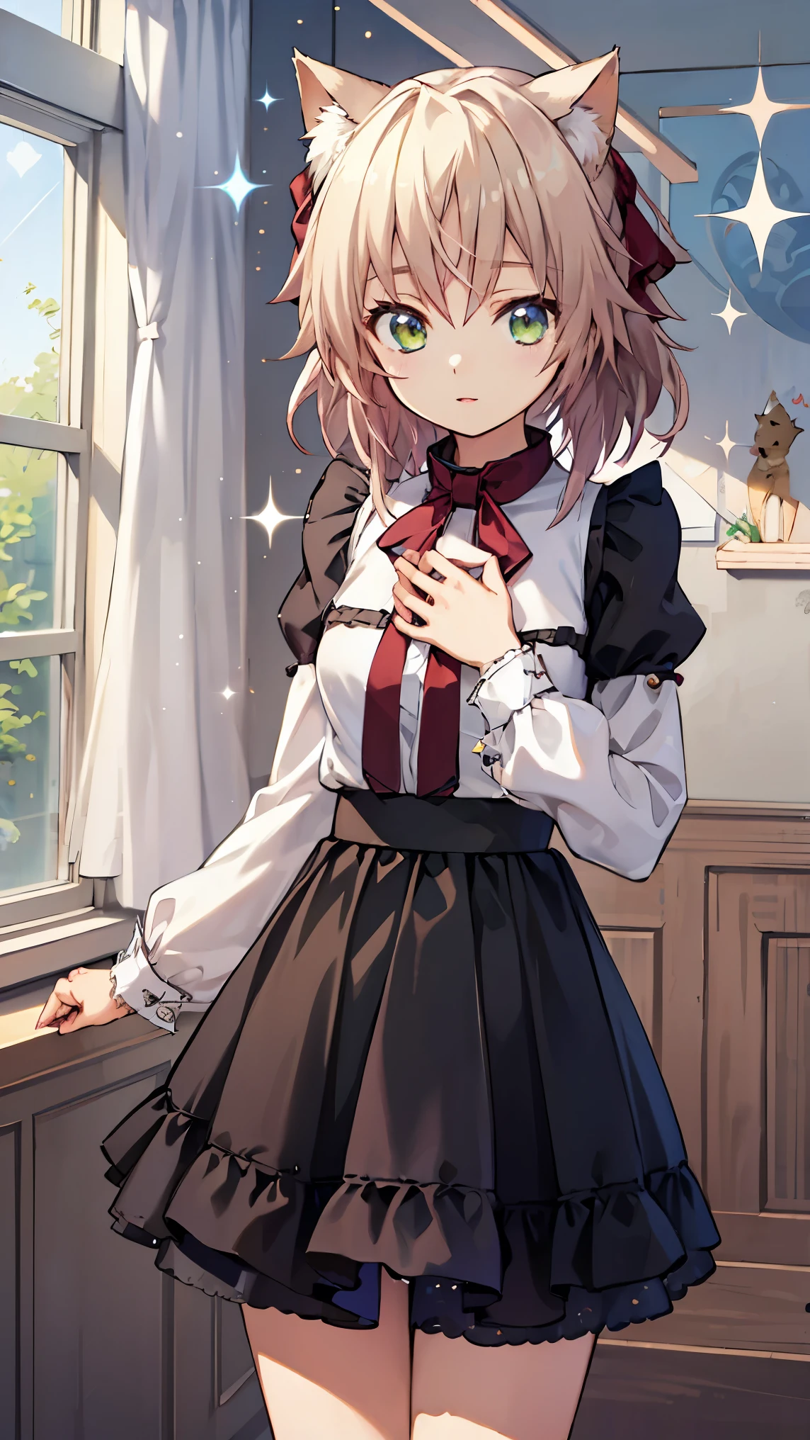 anime, (sparkle), super detail, (masterpiece), high quality, ((high details)), twintails, silver hair, Pretty Girl, A frilly dress, a flared skirt, A big ribbon on the chest, Standing by the window, indoors, cat ears