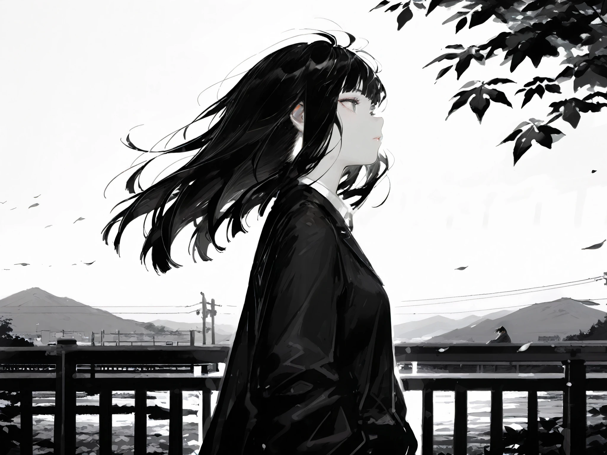 HDR, 8K, high contrast, masterpiece, best quality, amazing quality, very aesthetic, lineart, line art, gorgeous, greyscale, monochrome,
BREAK
bounce light, hyperdetailed, detailed hair strands, detailed fibers, aesthetic, 8k wallpaper, detailed, masterpiece, best quality, amazing quality, very aesthetic, absurdres, 8K,masterpiece, great composition, flawless. 1girl, Hime cut, black hair, bleached hair, grey eyes, school outfit, looking to side, leaves in the wind,windy, railing, Japanese road background.