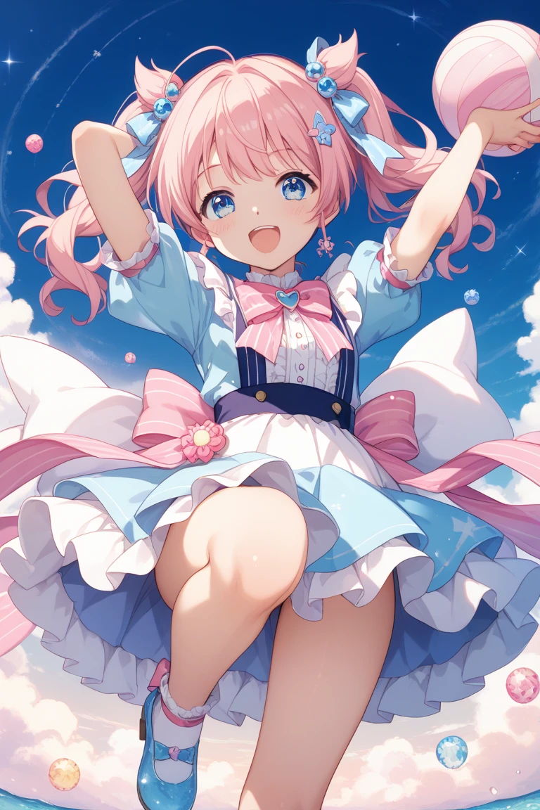 (8K, masutepiece, Best Quality, Official art, beautiful detailed, beautiful lighting, best masterpiece in history that exceeds limits), (1 Girl, solo), (), (beautiful detailed face), (shiny white skin), (Beautiful big bust, cleavage:1.3), (thighs:1.3), (beautiful detailed pastel pink twin tails hair, bangs:1.3), (beautiful detailed drooping pink eyes:1.5), BREAK, (beautiful detailed white and pastel blue polka dots pattern cute Apron, white frill shirt, white frill skirt, bow ribbon, frill, ruffle:1.2), BREAK, (happy smile:1.3), (Attractive, flying, floating, under zero gravity), (blue sky, A lot of big candy:1.3)