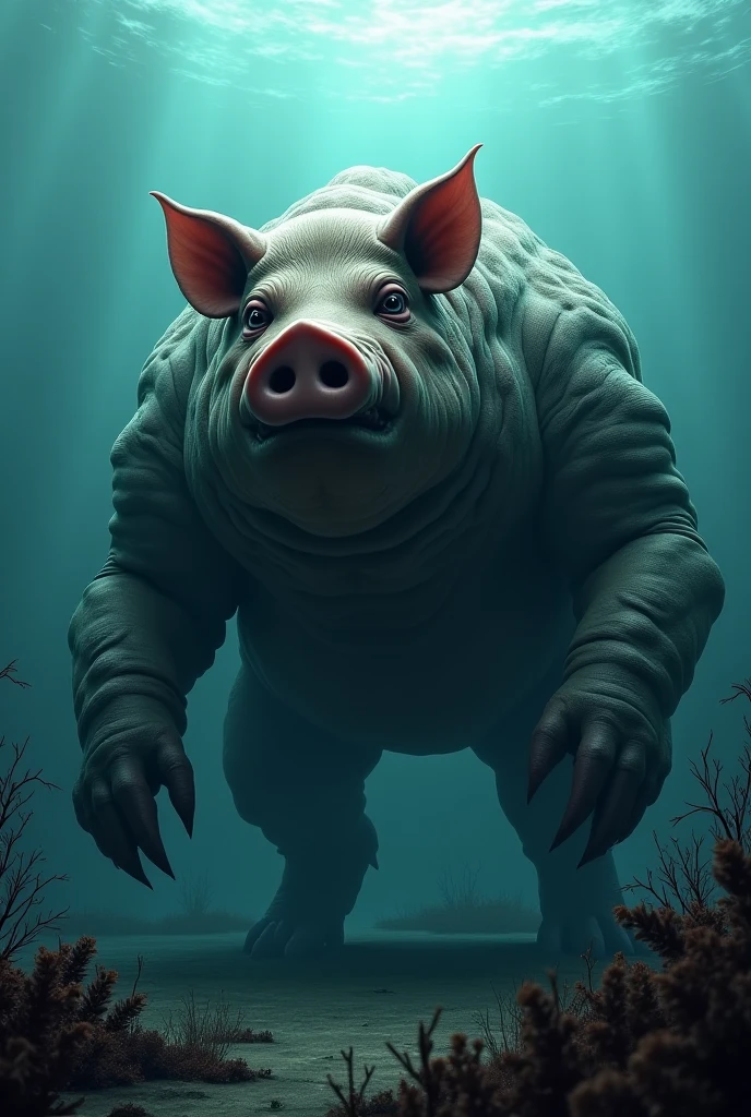 Horror-themed Cinematic film still, Fantasy monster concept art, Fish with a pig's head, in the sea, Dynamic Lighting, Realistic, Talked about at the art station, Amazing visuals, creative, Cinematic, Super detailed, Atmospheric, Ambient Lighting, Scary Art High Budget, Bokeh, CinemaScope, Sulky, amazing, nice, Film Grain, granular . Creepy, Anxious, dark, Creepyな, Suspenseful, strict, Very detailed