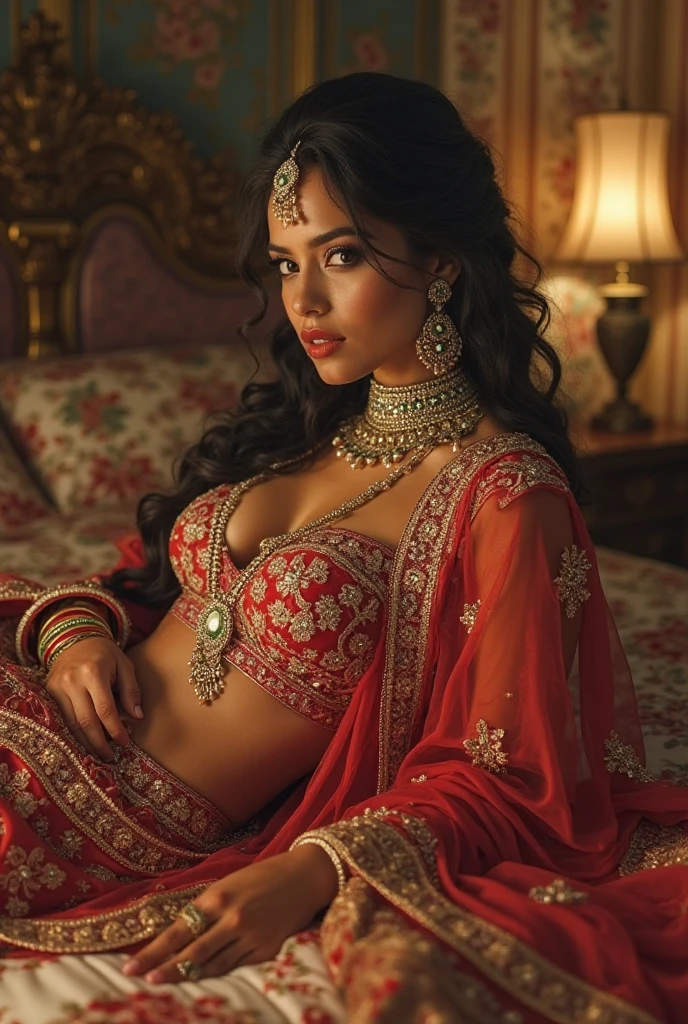 Indian Sexy Bhabhi ,with big boobs ,wearing red hot transparent frock,Red Sindur , Honeymoon red bangles,Stud chain earrings,Forehead Pendant ,Long gold Mangalsutra,4 gold Necklace, Diamond ear pin ,Gold Armlet,gold waist chain ,full photo, looking straight