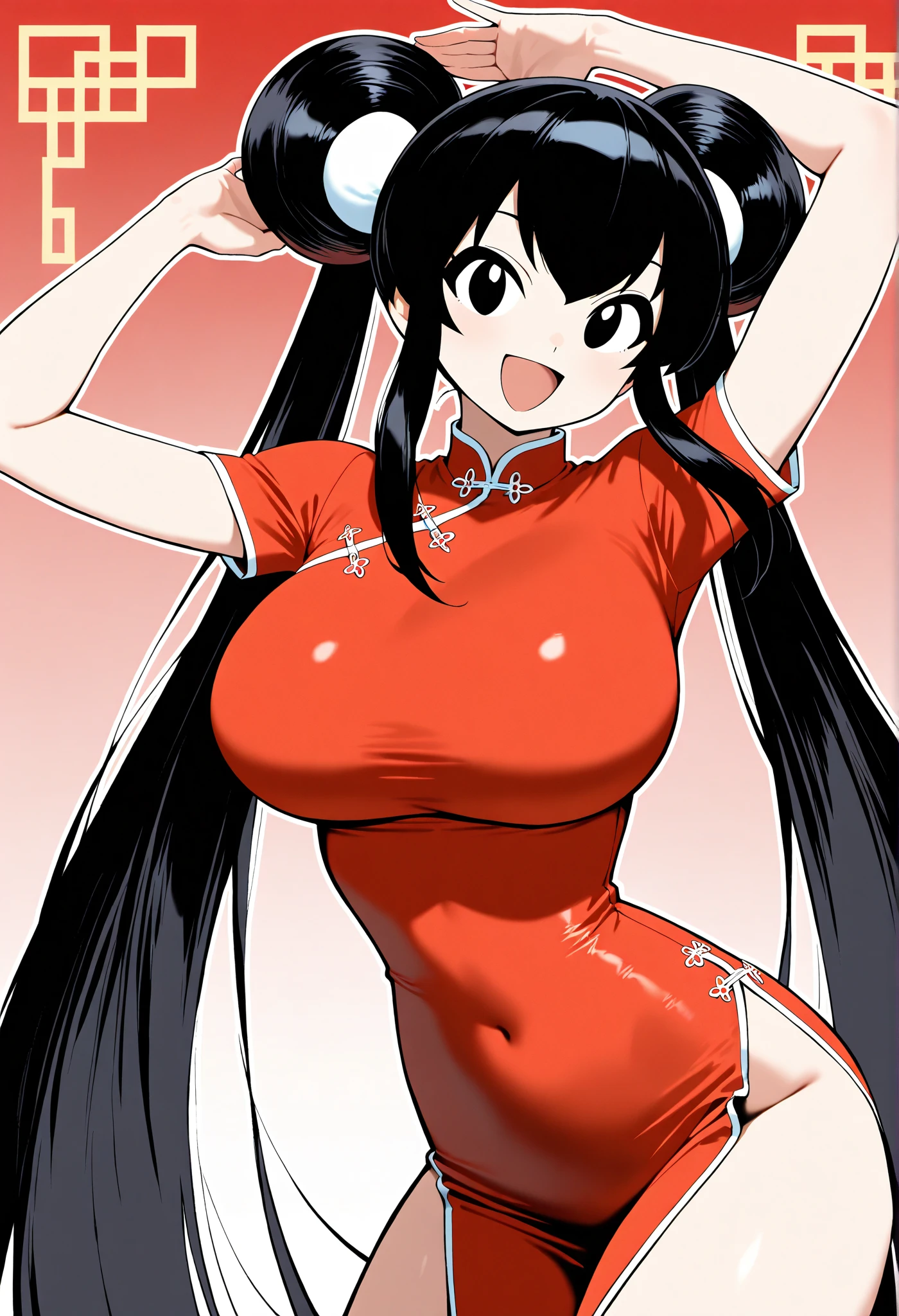 (2000s anime, retro art style, Clean brush strokes, masterpiece, highest quality, very detailed, clear image), battle arena background, black hair, Japan Traditional Women's Hairstyles, Rear lift-up hair, whole body, mature body, 1 girl (alone:1.5), white skin (light freckles:1.3), eyebrows visible through hair, smile, soft brush, open your mouth (stick out tongue:1.2), full nude, thin arms and legs, (A lot of armpit hair:1.5), skinny arms, full nudity (completely nude:1.5), gigantic breasts (alternate breast size:1.5), natural saggy tits (very long tits:1.5), wide areola (ebony color areola:1.5), highly detailed areola (glands of montgomery:1.5), puffy areola (inverted nipples:1.5), squat (spread legs:1.2), squat, Fundoshi, White pants with front flap, barefoot, standing on tiptoe, perfect anatomy, NSFW, high resolution images,