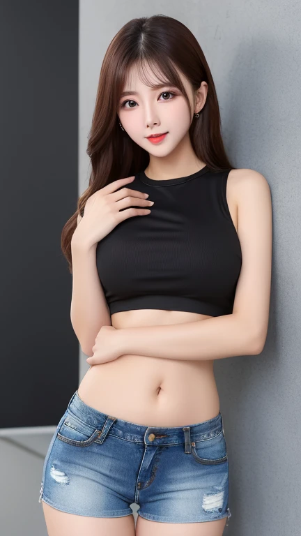 8k、High-resolution images、、(Baby Face:1.5)、(Round face:1.5)、One Japanese woman, beautiful girl, Pretty face, (Looking into the camera), (Standing facing the camera), (smile), (Training wear:1.4)、(Bloomers)、(Tank top:1.4)、(Black background:1.5)、Mouth closed