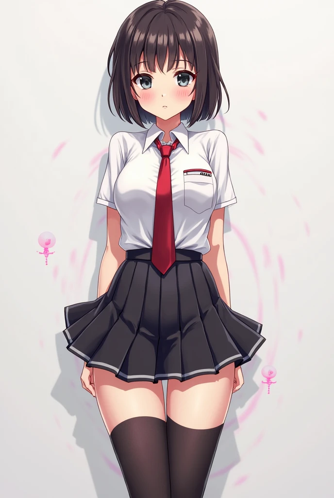 Erica、Pokémon、Black Hair、Short Hair、((Bike Pants))、Photo from below、Medium chest、Bedroom、One girl、Red ribbon on head、((White shirt))、(Thigh-high socks)、
