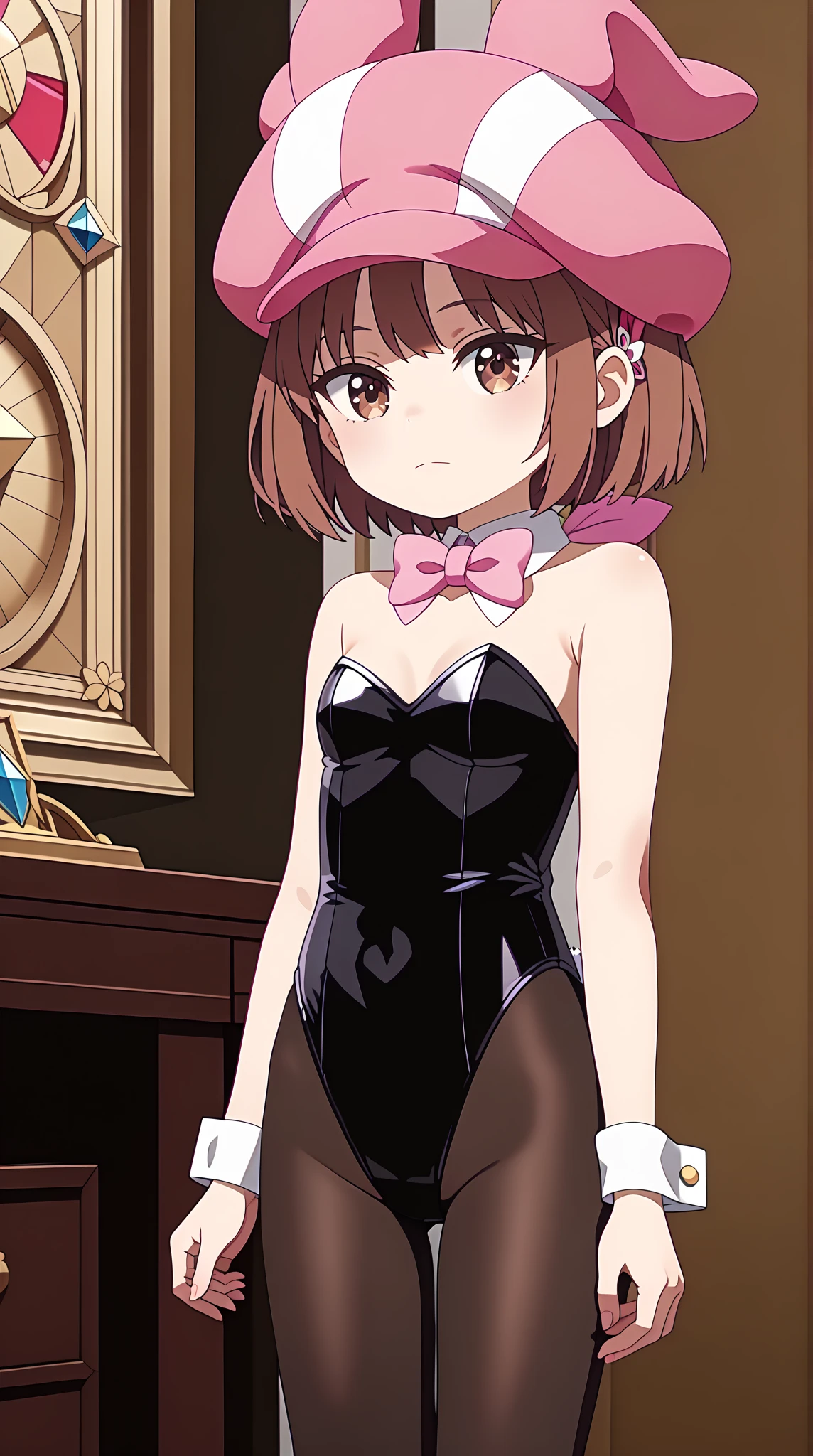 (Ochaco uraraka),(is a short girl with a curvy figure, fair skin and curly hair with eyes that match in color. She has perpetual pink blush on her cheeks, and her eyes are large and round with thick upper lashes, two more extended and more prominent on both sides and fewer, but more individually pronounced lower lashes. Her hair is shoulder-length with short bangs, and the style is balanced with two long strands framing her face),(Wearing),+,(a sexy bunny outfit that consisted of a larger black strapless one heart decots and showing feathers and super sexy and tight arms)