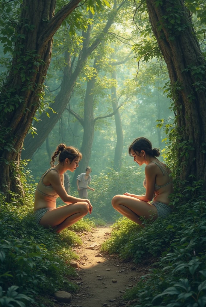 A pensive and sad forest nymph, ewaring in leaves sits on a cut stump, a spooky thick gray forest with spooky gray forest animals behind her, an farevay industrial landscape visible behind the trees , inspired by ๐๐๐๐ล ๐๐ฅ๐๐ขล๐ฌ๐ค๐ข ๐๐ง๐๐ฌ๐ญ๐๐ณ๐ฃ๐ ๐๐๐ซ๐ค๐จ๐ฐ๐ข๐ญ๐๐ก CGSociety, volumetric lighting