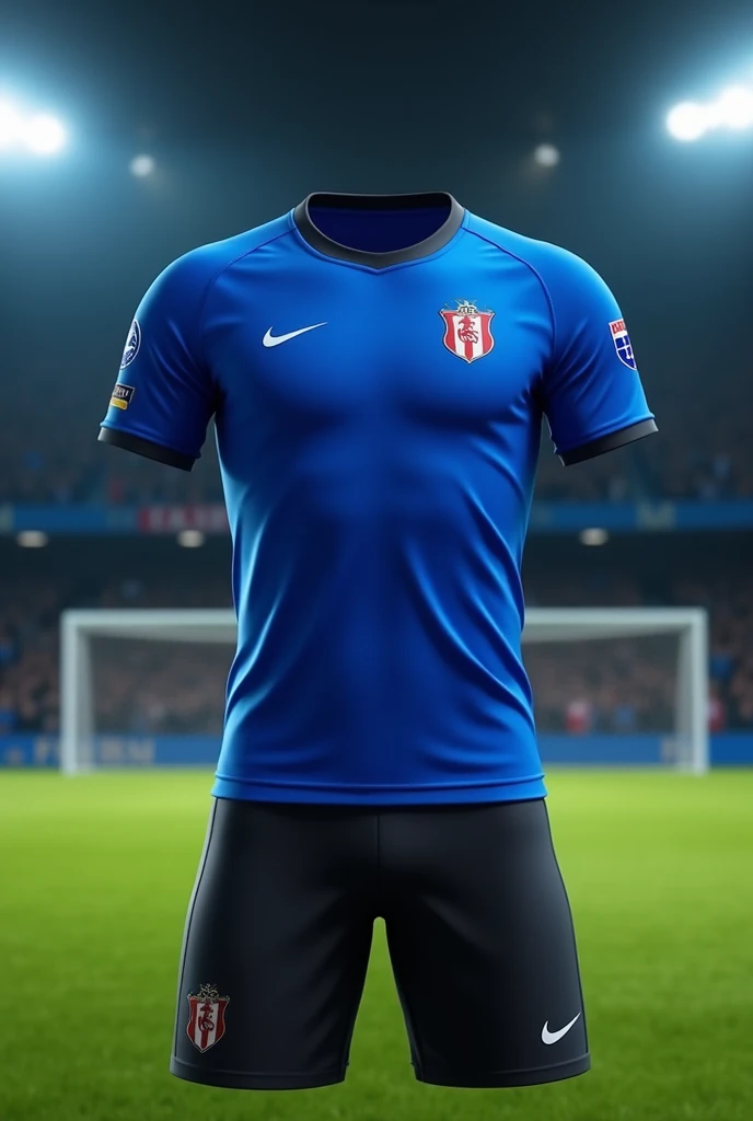Custom football uniform in primary orange color with white and navy blue details and black shorts with a crest on the left side of the chest that reads Bela Vista