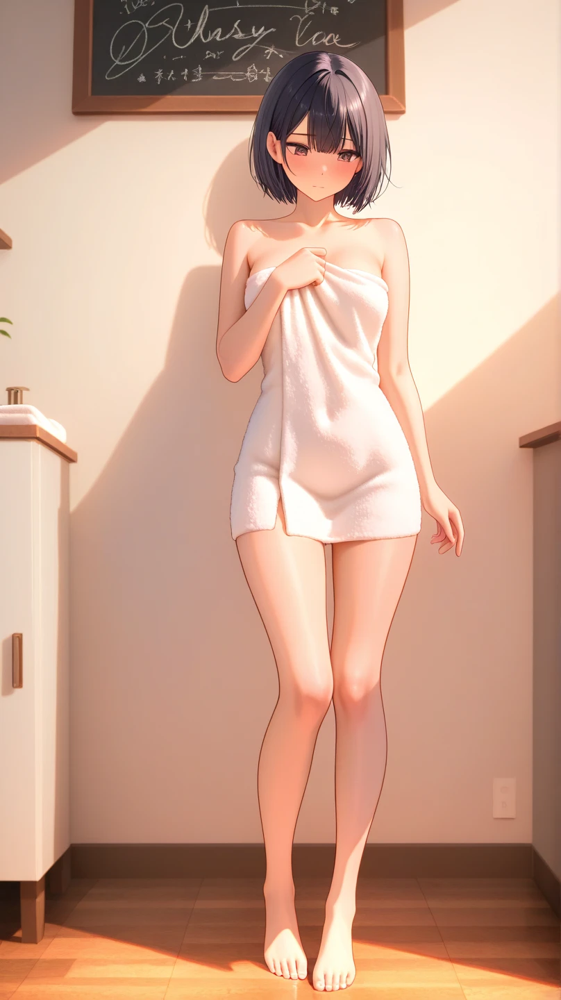 (masterpiece), (top-quality, (exposed shoulders:1.5), (towel fabric:1.5), (blushed face:1.3), (barechested:1.3),big breasts, sit, precise small hands, Embarrassed look, Smile, extremely cute girl, baby face, Clear eyes,, Shining eyes, shoulder is visible, small breast, thigh is visible, The beautiful skin, ultra-definition, Top resolution, white hair, bed, ((crossed legs)),