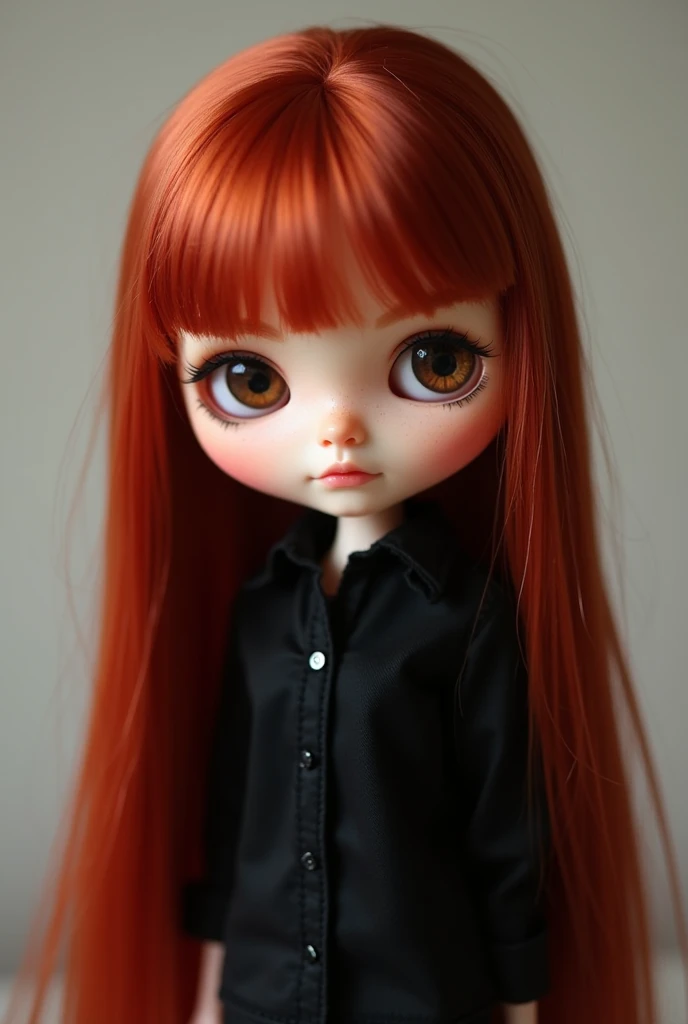 blythe doll with black eyes and wavy red hair