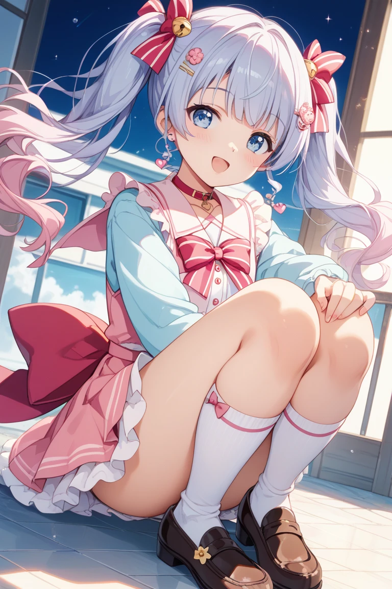 (8K, masutepiece, Best Quality, Official art, beautiful detailed, beautiful lighting, best masterpiece in history that exceeds limits), (1 Girl, solo), (16 years old), (beautiful detailed face), (shiny white skin), (Beautiful big bust, cleavage:1.3), (thighs:1.3), (beautiful detailed pastel pink twin tails hair, bangs:1.3), (beautiful detailed drooping pink eyes:1.5), BREAK, (beautiful detailed white and pastel pink polka dots pattern cute Apron, white frill shirt, white frill skirt, bow ribbon, frill, ruffle:1.2), BREAK, (happy smile:1.3), (Attractive, flying, floating, under zero gravity:1.5), (blue sky, A lot of candy:1.3)
