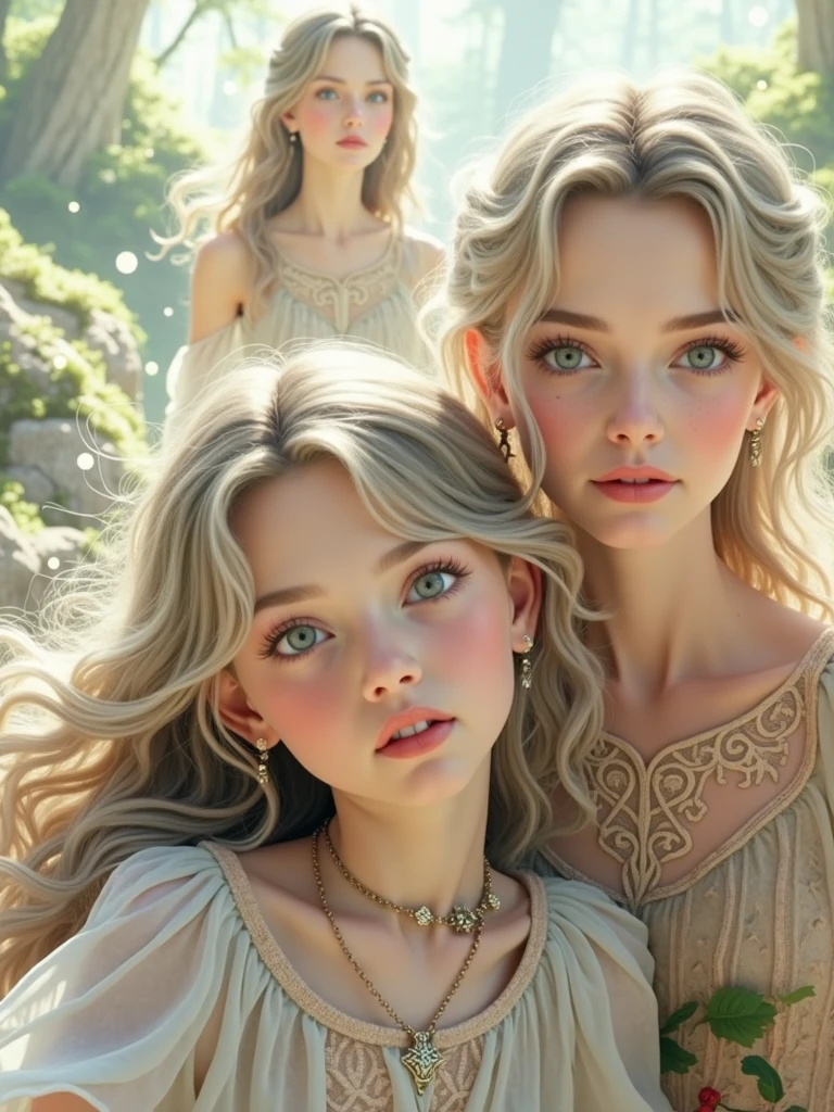 (Masterpiece) 8K resolution, mother holding baby, father cuddling, mother has blonde long hair, green gentle eyes, father beige blonde short hair, turquoise blue eyes, kind smile, fantasy style,