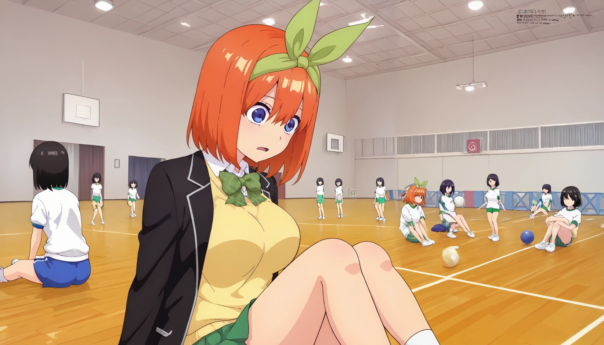 1girl, y0tsuba, large breasts, orange hair, blue eyes, short hair, hair between eyes green bow hairband, black blazer, open blazer, yellow sweater vest, white collared shirt, bowtie, plaid bowtie, green skirt, pleated skirt,y0tsuba, orange hair, blue eyes, short hair, hair between eyes, green bow hairband,Gymn4s3,sitting on the floor grasping one's knees (as in a gym class),,score_9, score_8_up, score_7_up, rating_safe, masterpiece, best quality, absurdres, unity 8k wallpaper, official art, official style, source_anime, uncensored, game cg, megami magazine,taiikukan, indoors, sportswear, multiple girls, indoors, photo background, shorts, ball, 6+girls, ceiling light, black hair, ceiling, stage, wooden floor, gym uniform, sportswear,