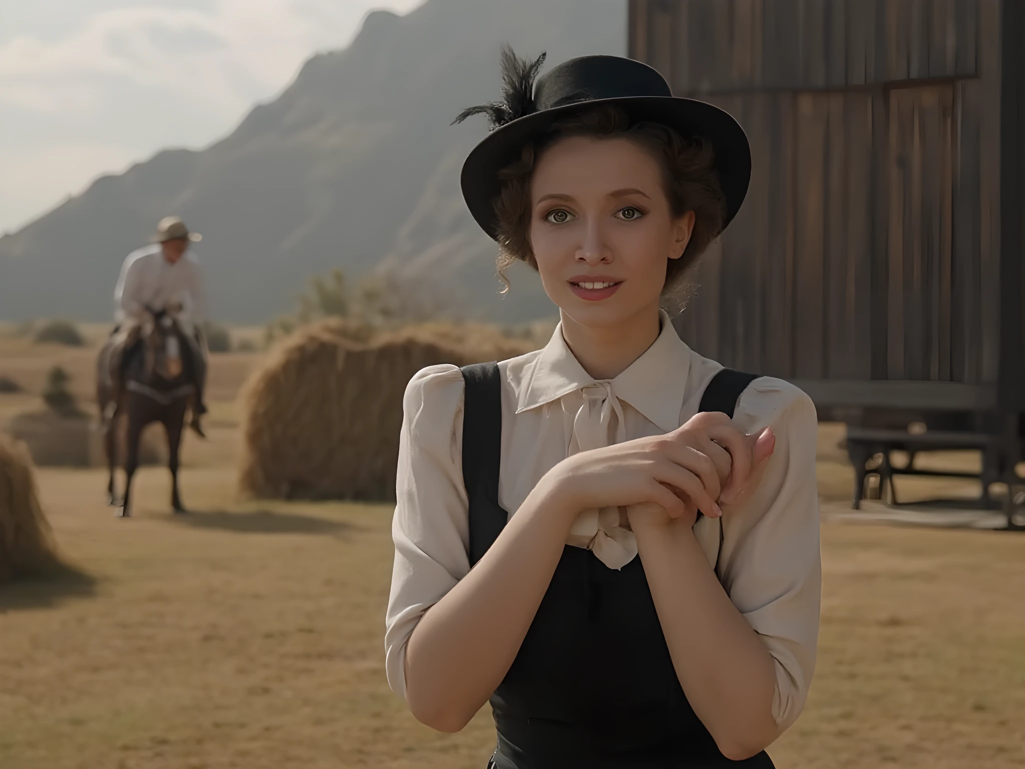 Cinematic style, medium frame, atmospheric 1880's photograph, wooden barn in background, haystacks, horses, Beautiful young woman, elegant lady, headdress black vintage hat with feather, short hairstyle visible under hat, brown hair, elegant, pensive alluring facial expression, bringing her hands together at the bottom holding a purse, wearing a black sundress with a white shirt and a bow, the clothes emphasize the era of the 1880s, the voluminous shoulders of the clothes, soft lighting, cinematic aesthetics, stunning color rendition create an authentic retro atmosphere. The composition captures the essence of late 19th century Americana, with meticulous attention to detail and nostalgic charm, the backdrop shows the vastness of the wild west, haze, canyons in the background