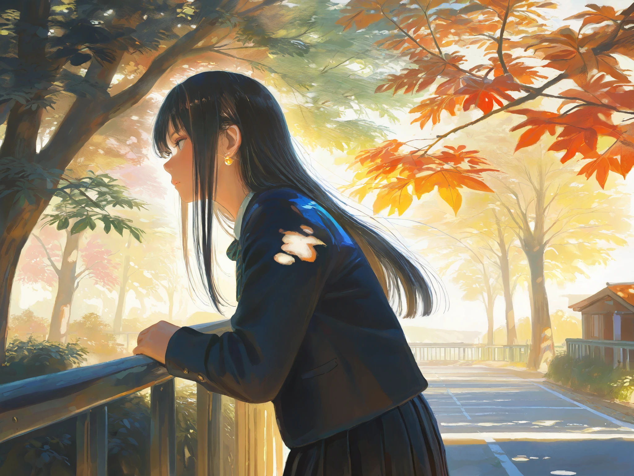 HDR, 8K, high contrast, masterpiece, best quality, amazing quality, very aesthetic, painting artstyle, realistic, newest, hyperdetailed painting, brushstrokes, digital painting, fjsmu

BREAK
bounce light, hyperdetailed, detailed hair strands, detailed fibers, aesthetic, 8k wallpaper, detailed, masterpiece, best quality, amazing quality, very aesthetic, absurdres, 8K,masterpiece, great colors, color theory, great lighting, great composition, flawless. 1girl, Hime cut, gradient black hair, grey eyes, school outfit, looking to side, leaves in the wind, sharp sunlight, windy, tree shade, railing, Japanese road background. dappled lighting. leaning against railing, hair drooping, amazing, breathtaking art