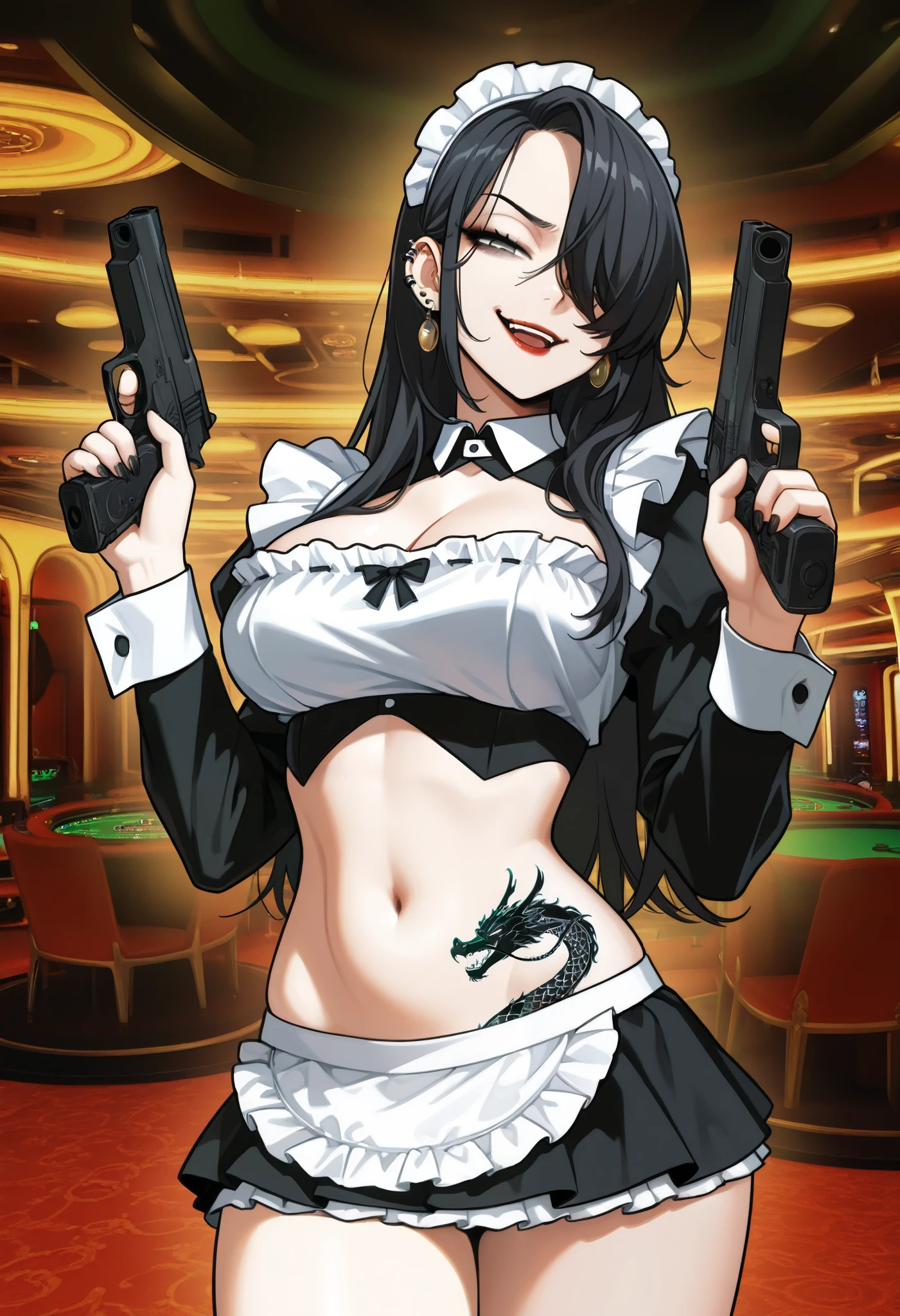 YumiLeeV1, black hair, hair over one eye, grey eyes,
 ear piercing, long hair, , lipstick, Hot girl, baddie, , sensual, attractive ,medium large breast, jewelry, earrings, complex detailed background, casino environment, fancy interior environment,
rich interior, masterpiece, best quality, highly detailed, a girl in maid uniforms, holding pistol, maid
outfit, cleavage, evil smile, smile, open mouth ,official artwork, (nsfw) not safe for work, beautiful maid
girl, , micro skirt, exposed belly, exposed navel, exposed midriff, exposed lower belly, holding a gun,, dragon tattoo, narrowed eyes, tattoo midriff ,, dual wielding, , smirk