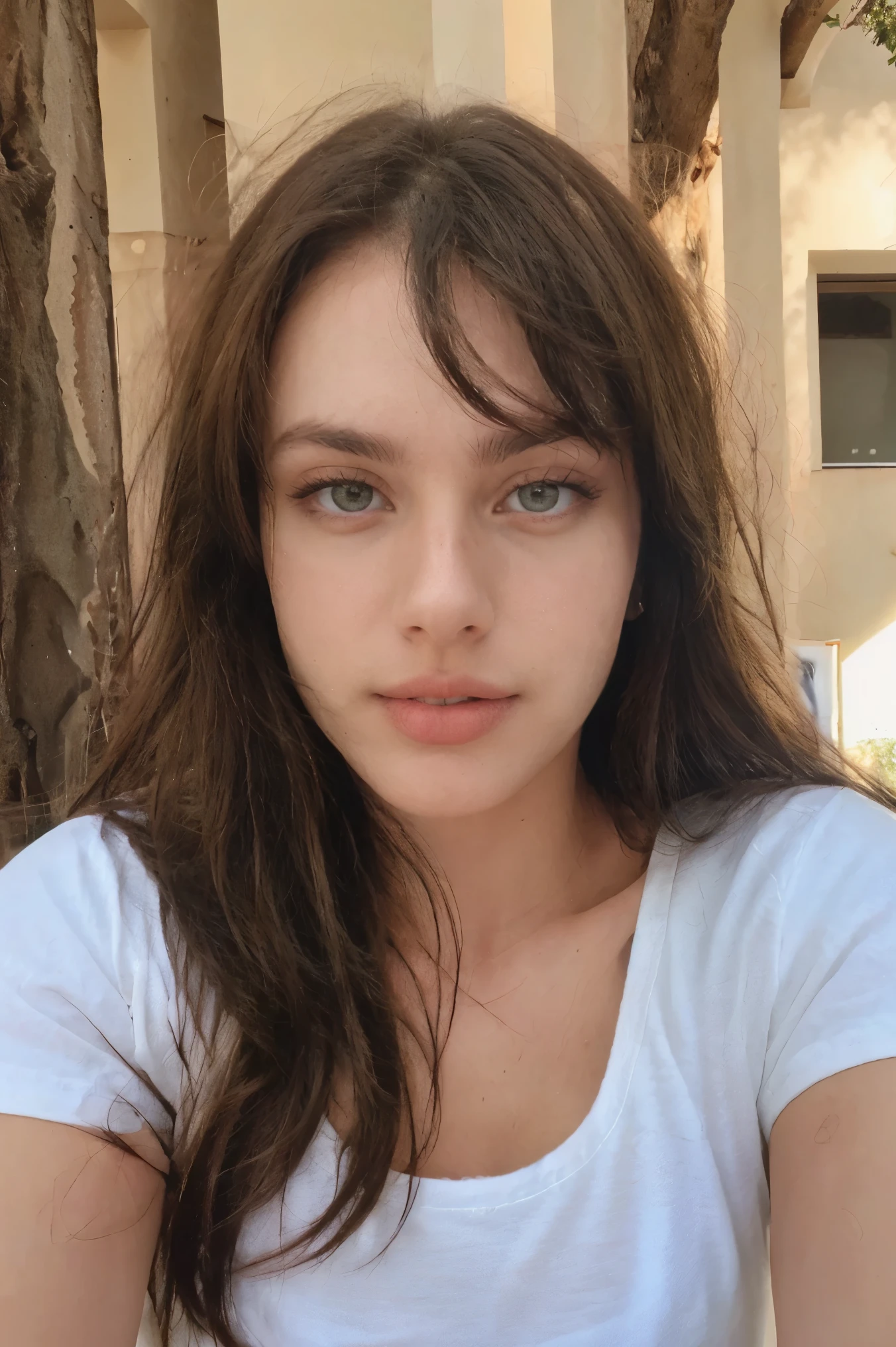 sexy 22-year-old brunette woman , Olhos Azuis, pretty face, close-up do tronco. white t-shirt, selfie, Instagram Template