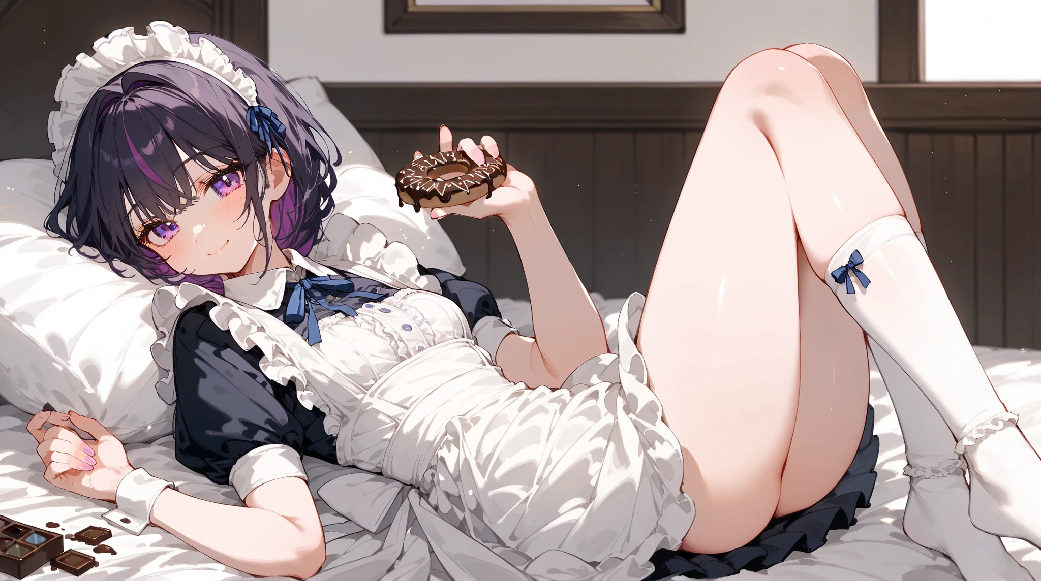 Best quality,  masterpiece, 1 girl, Fern from Friern, chubby bloated belly, eating croissants, purple hair, purple eyes, laying in bed, satisfied, seductive.