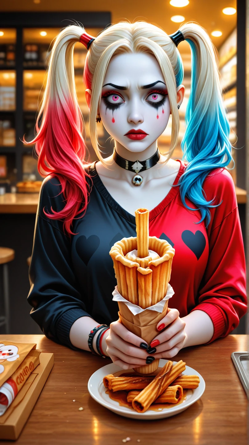 Chica con maquillaje de payaso en la cara, con sonrisa burlona, piel palida totalmente blanca, ojos grandes rasgados color rosa, cejas anchas, large cheekbones, small-nose, mejillas delgadas con hoyuelos, defined jaw, barbilla partida, cabello color verde y morado con trenzas, slim athletic build, cintura delgada, piernas largas, camisa de payaso color amarillo, pantalones de rayas rojas, en escenario de circo