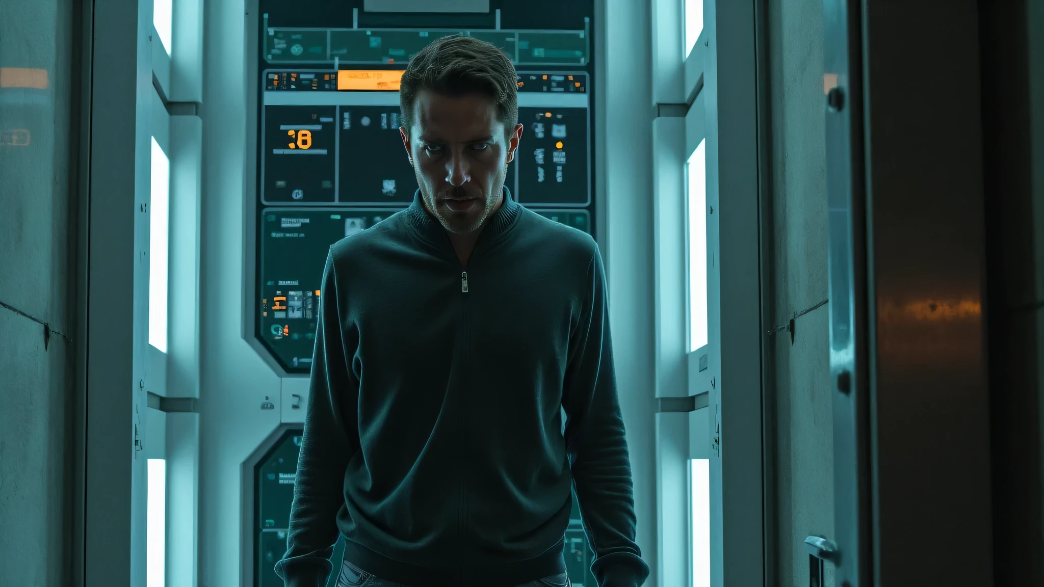 man, expression of desperation and determination, entering a futuristic vertical niche to connect to a central computer.
