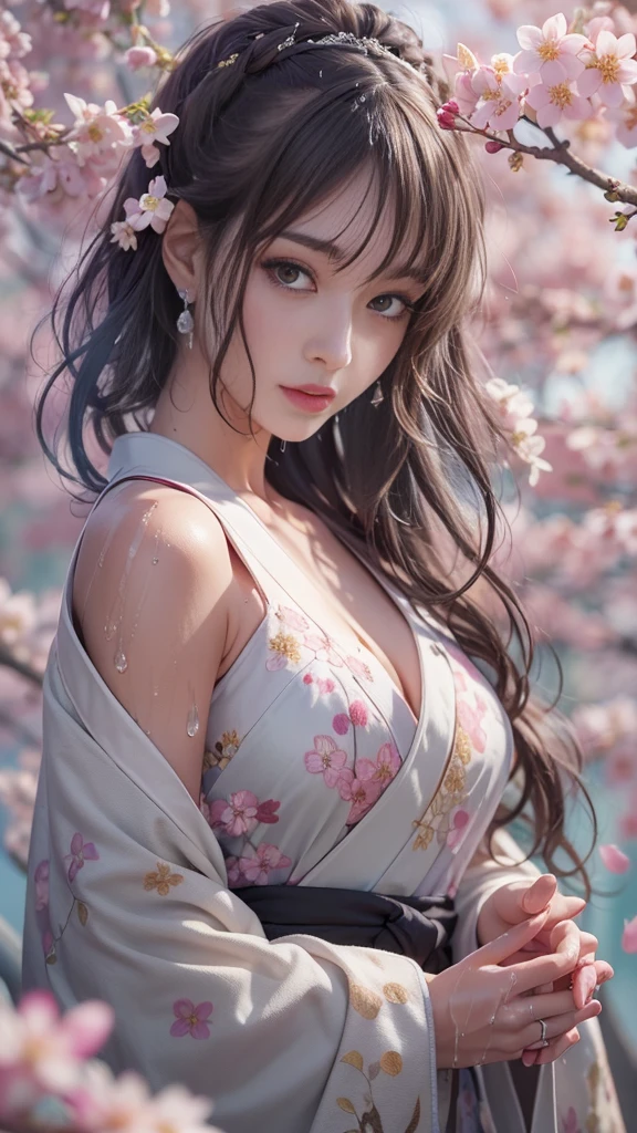 Female, Brown wavy hair, browneyes, Gloss on lips, Short purple kimono, Hair ribbon, Weaving style, Smile, the cherry trees, sonoko, gigantic cleavage breasts, Large of breast, An EU masterpiece，Best quality，Portrait of 1girl，((best qualtiy)), ((tmasterpiece)), (the detail:1.4), 3D, hdr（HighDynamicRange）,Ray traching,NVIDIA RTX,Hyper-Resolution,Unreal 5,Subsurface scattering、PBR Texture、post-proces、Anisotropy Filtering、depth of fields、maximum definition and sharpness、Many-Layer Textures、Albedo e mapas Speculares、Surface coloring、perfectly proportions、rendering by octane、Two-colored light、largeaperture、Low ISO、White balance、the rule of thirds、8K raw data、Raised translucent top, Smaller top, Smaller white lace shorts, Raised, Mature feminization, Flattering eyes, White lace translucent top，Flat bare abdomen, Snow-white thighs, White lace stockings, Bare arms, Mature charm deep V open neck, Long reddish-brown shiny hair, White lace translucent shorts perfect body 9-head beauty body contains thunderbolt pie. Smaller and more transparent shorts