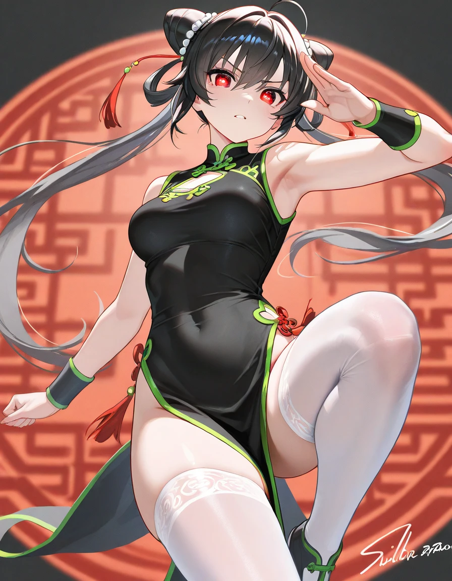 Anime girl with long straight black hair with dark green highlights ,green eyes,athletic body,taoist, detailed body, detailed eyes, masterpiece, best quality, aesthetic, standard pose
