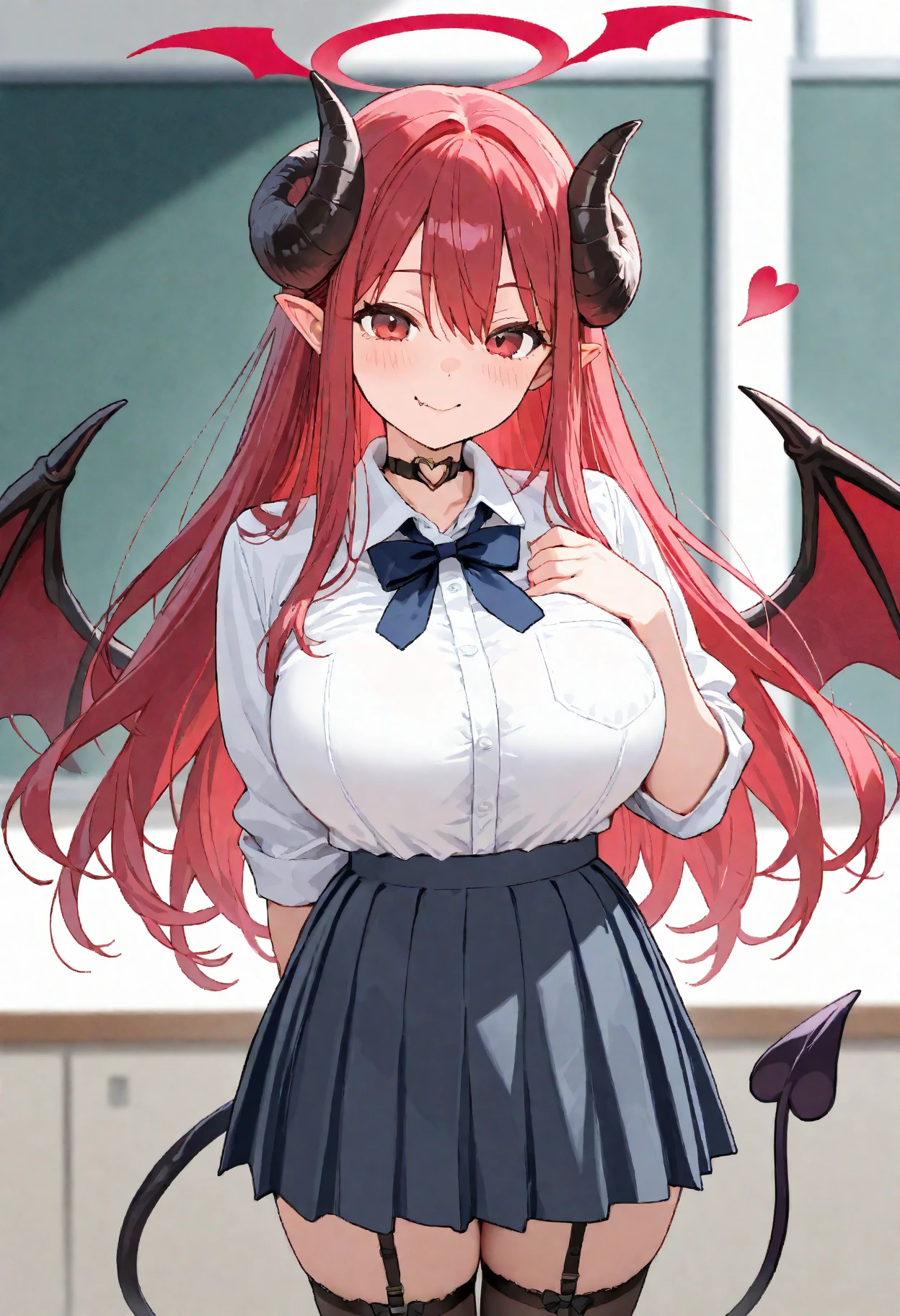 masterpiece, best quality, highly detailed background, perfect lighting, best quality, (extremely detailed face), volumetric lighting, intricate details, shadow, tonemapping, sharp focus, hyper detailed, trending on Artstation, (solo), (Background in the bathroom) .Girl with bat wings, Devil, devil horns, long red hair. Red eyes. Sexy. curvy. Blush, Clear skin. Belly in sight. Big bust. Smile, ((with school report)) ((Dressed as a schoolgirl)) 
