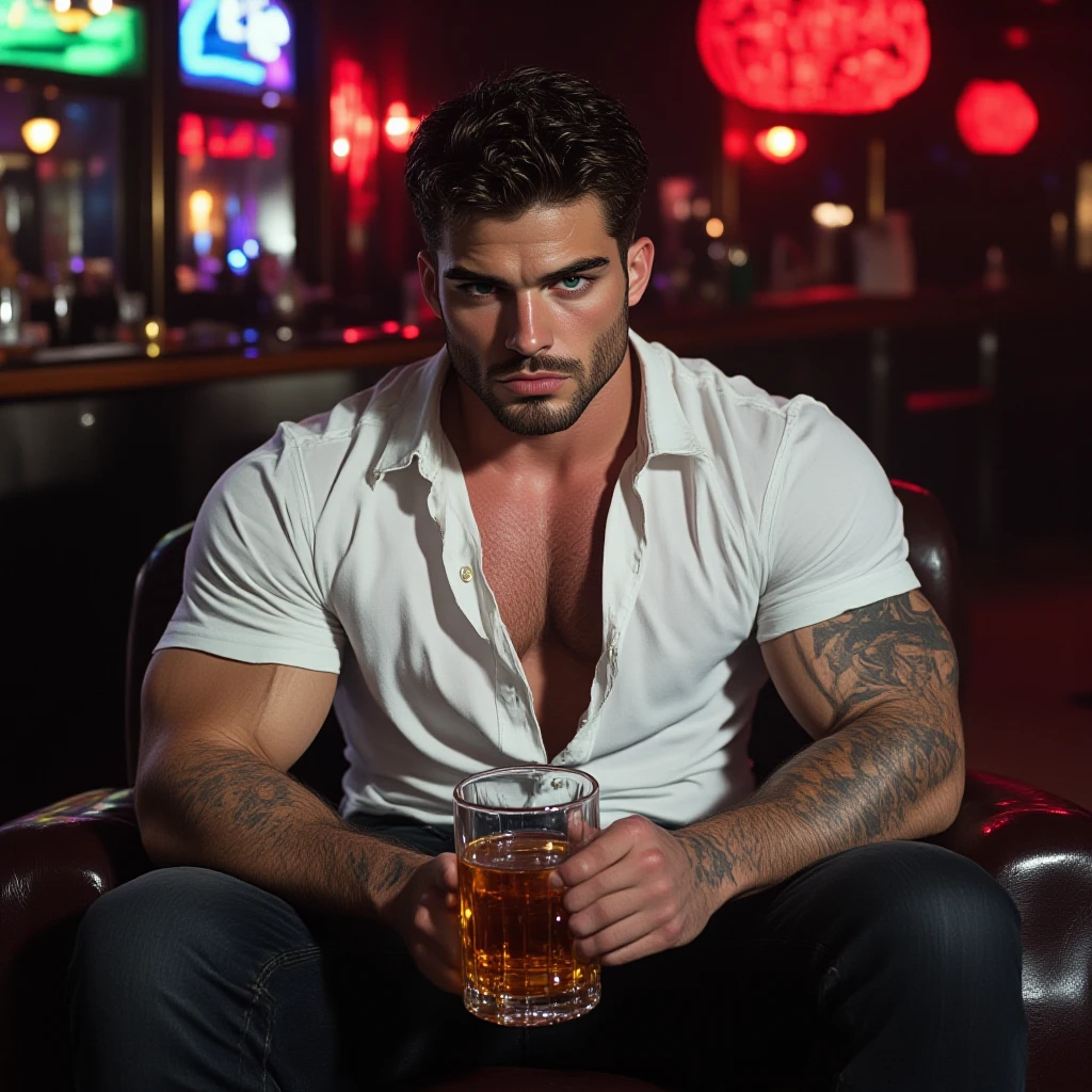 Kelly is a 42 year old man, bald, with a hipster beard, 1.77 meters tall, 98 kg, Caucasian, hazel green eyes, Argentine features, confident and masculine expression, dominant and mischievous look, wearing a leather jacket, torn jeans, boots, full body shot, inviting the observer to sit with him, in an English bar setting, seductive and elegant, with a knowing smile.