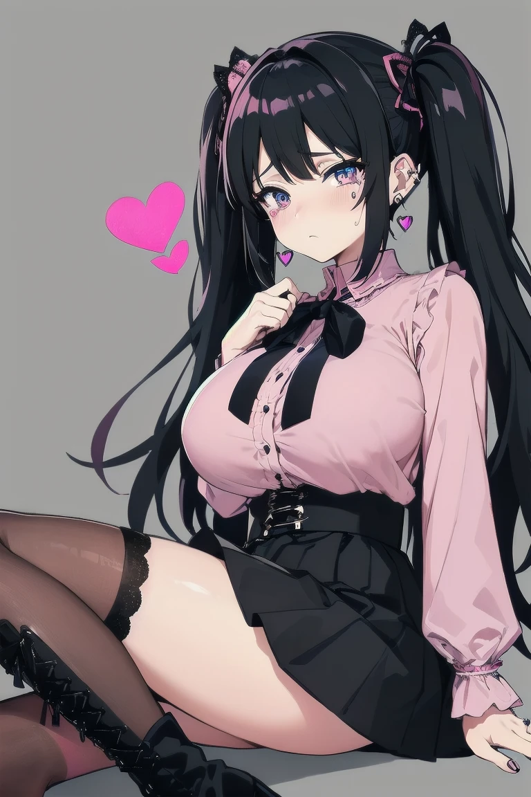 ((masterpiece、Highest quality、Very detailed))、One Girl、Black Hair、Medium Hair、twintails、blunt bangs、Pink eyes、evil smile、((Grin))、Earrings、Large Breasts、((Pink frilly outfit))、Long sleeve、((Black pleated skirt))、((black thighhighs))、Sit on the bed、((open legs:1.2))、((black panties))、Shoot from the front、Bedroom Background