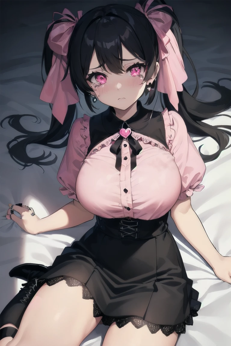 (masterpiece, best quality:1.5), (ultra detailed, high resolution, 8k, beautiful detailed, UHD, best anatomy), white bobo cut hair, medium breasts, 1 cute small girl, thin Gothic Lolita, from above, upturned eyes, eyes mismatched in colour
