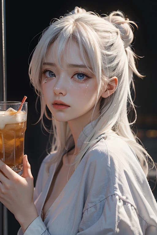 xxmixgirl,1girl, fisheye, selfie, wind, messy hair, sunset, cityscape, (aesthetics and atmosphere:1.2), gray hair, medium length hair, smiling,FilmGirl, bird's eye view. enjoying tea at cafe in futuristic moon city. background shows moons gray surface and futuristic characterized by a striking palette of all white and gray shades