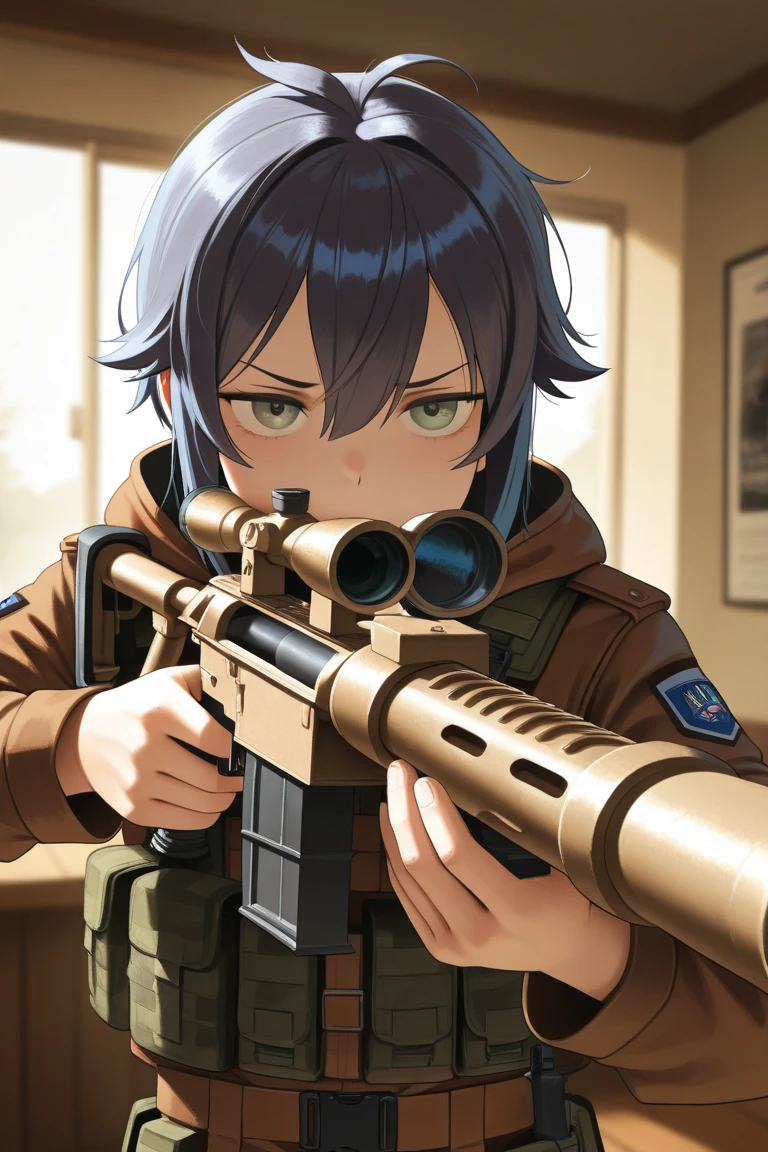 parametersmasterpiece,best quality,amazing quality,
1male, solo,mahwa style,short hair, hair between eyes, black hair, blue hair, hunter uniform, hood , bulding ,indoors, holding m200 cheytac, green eyes, aiming